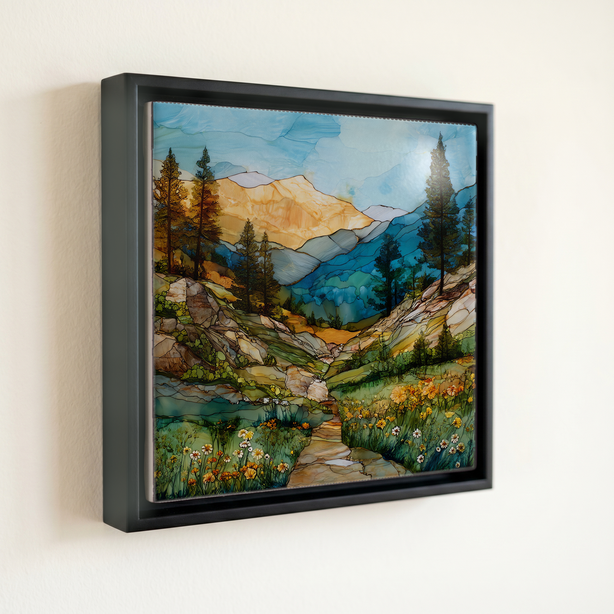 shown in a slim black floating frame · 6 × 6 in