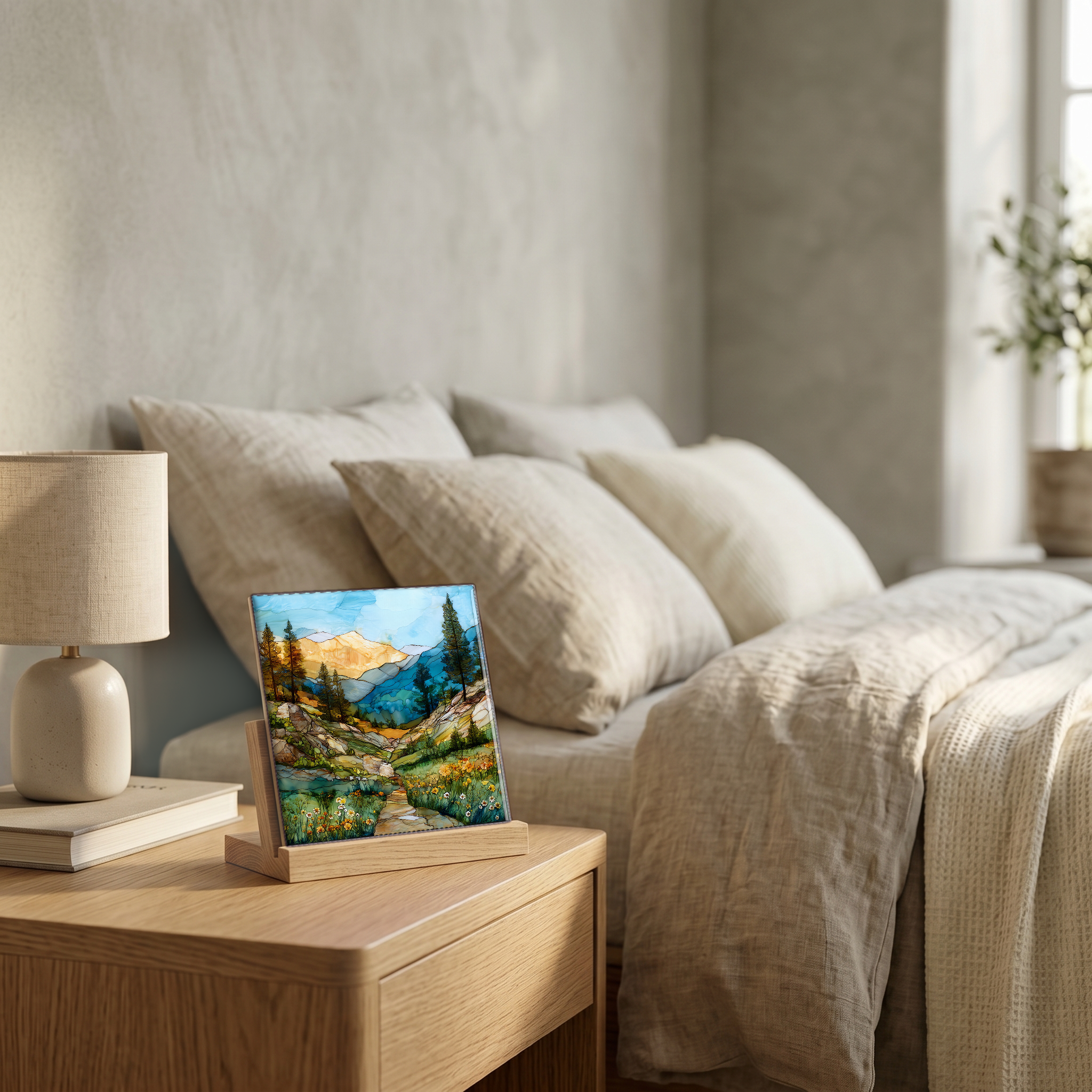 On the nightstand, on a light oak stand.