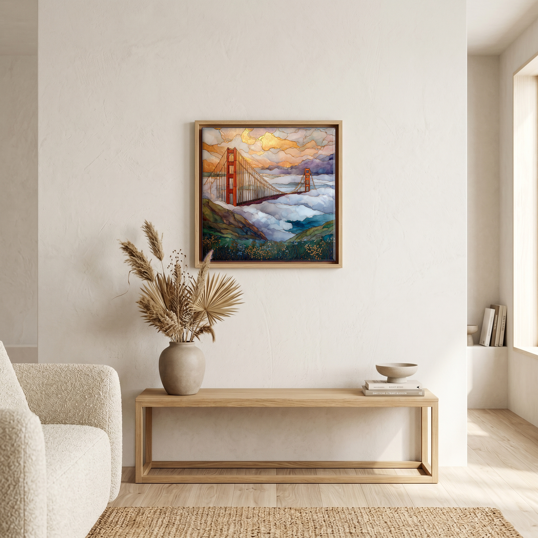 Above the bench, in a warm oak surround.