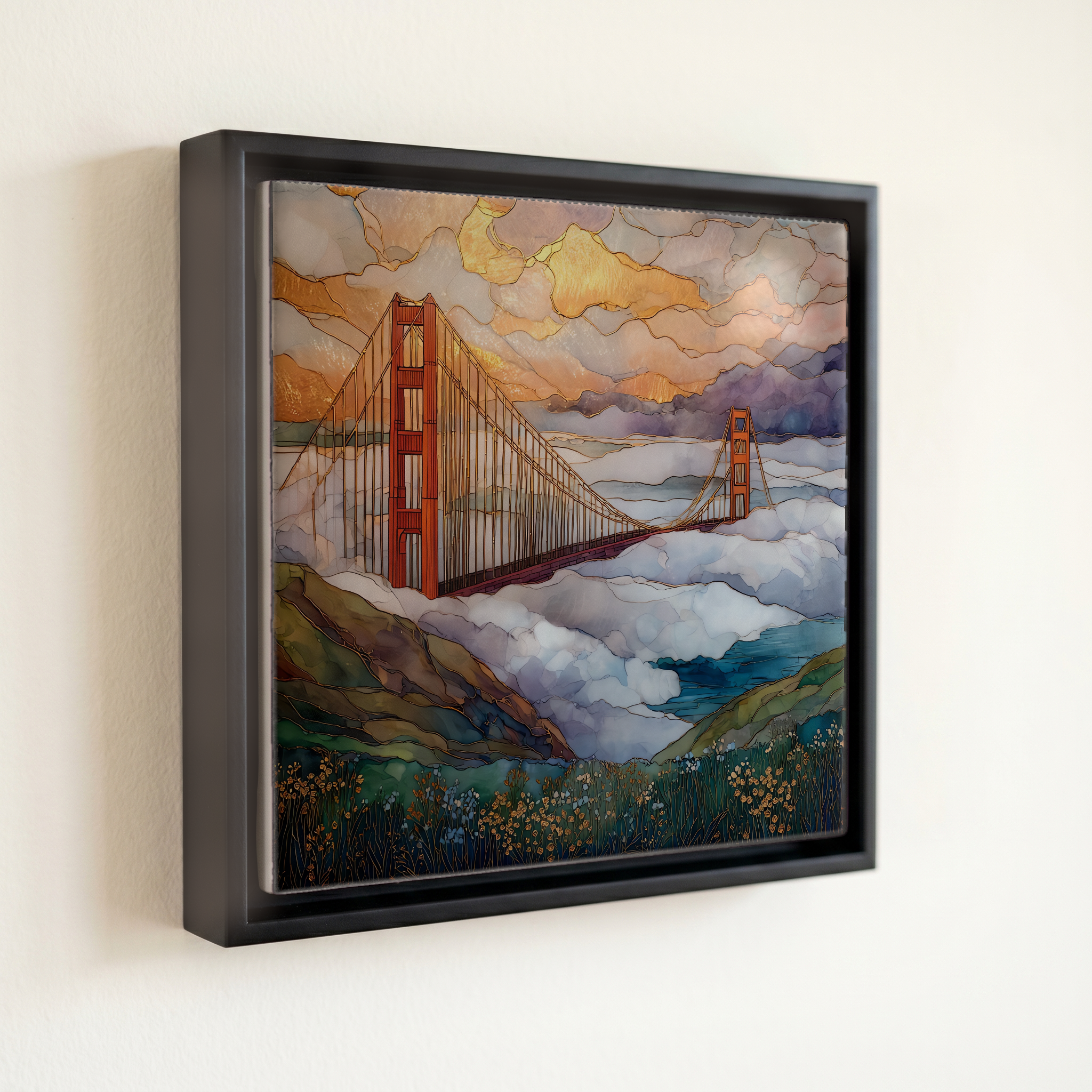 shown in a slim black floating frame · 6 × 6 in