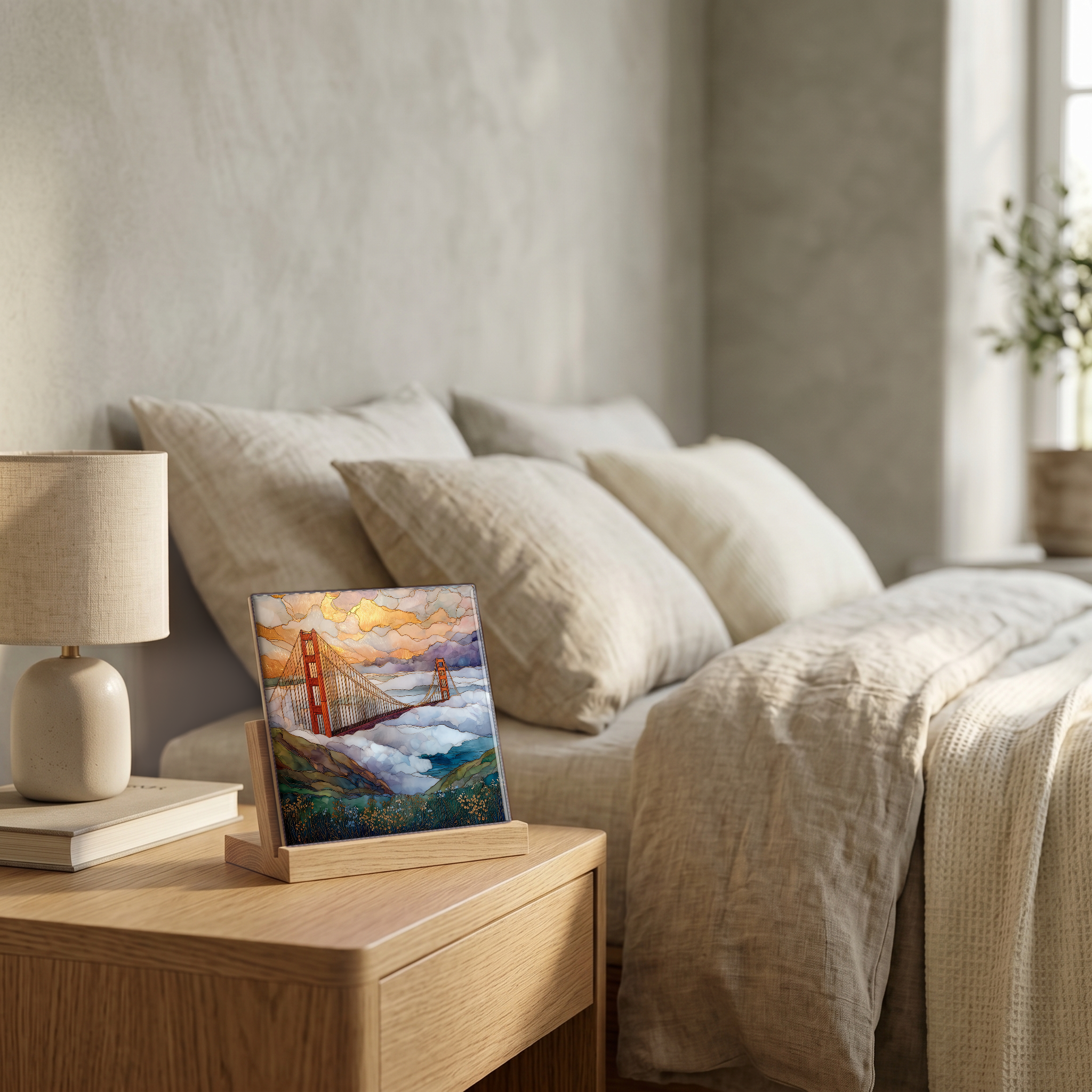 On the nightstand, on a light oak stand.