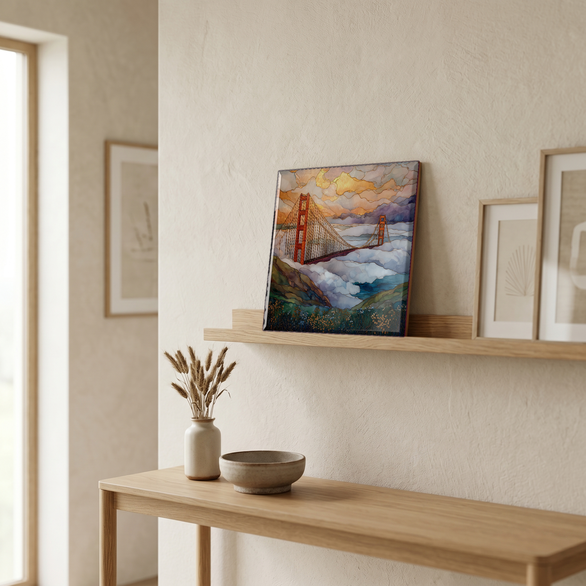 On a picture ledge, where the light comes in.