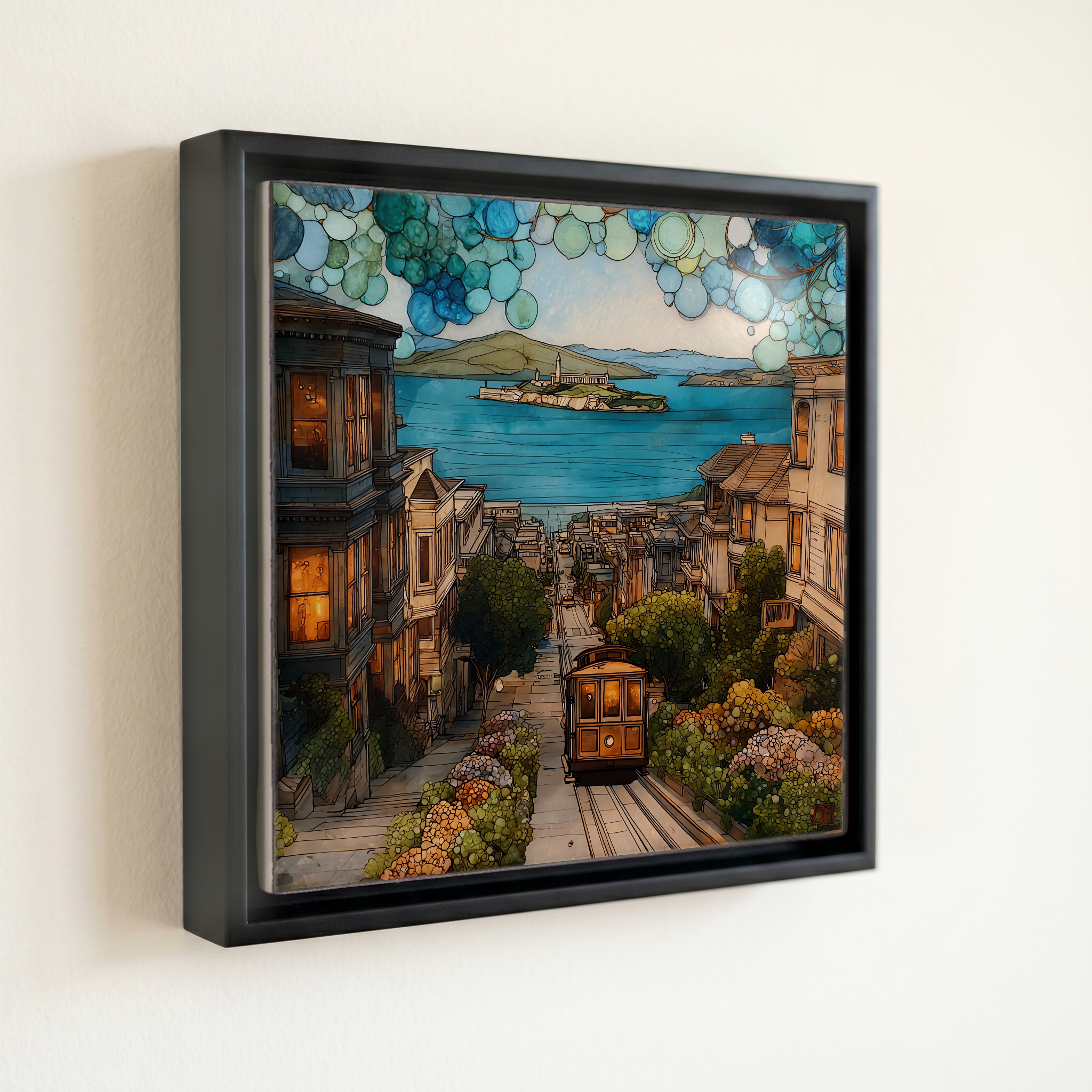 shown in a slim black floating frame · 6 × 6 in
