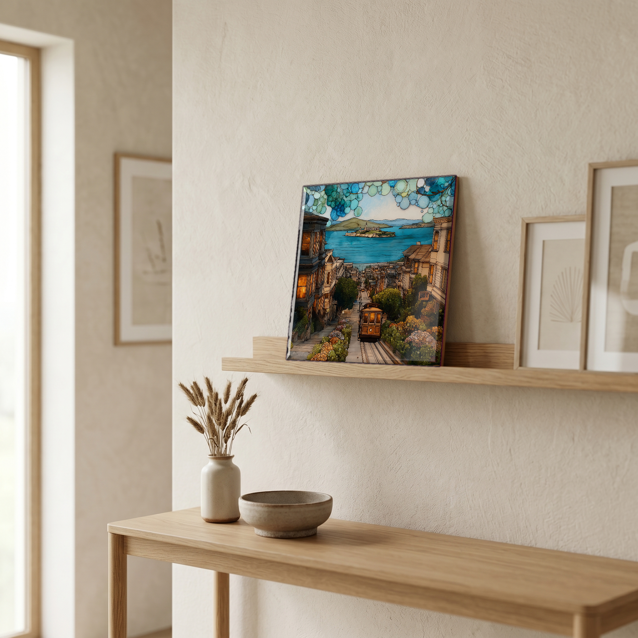 On a picture ledge, where the light comes in.