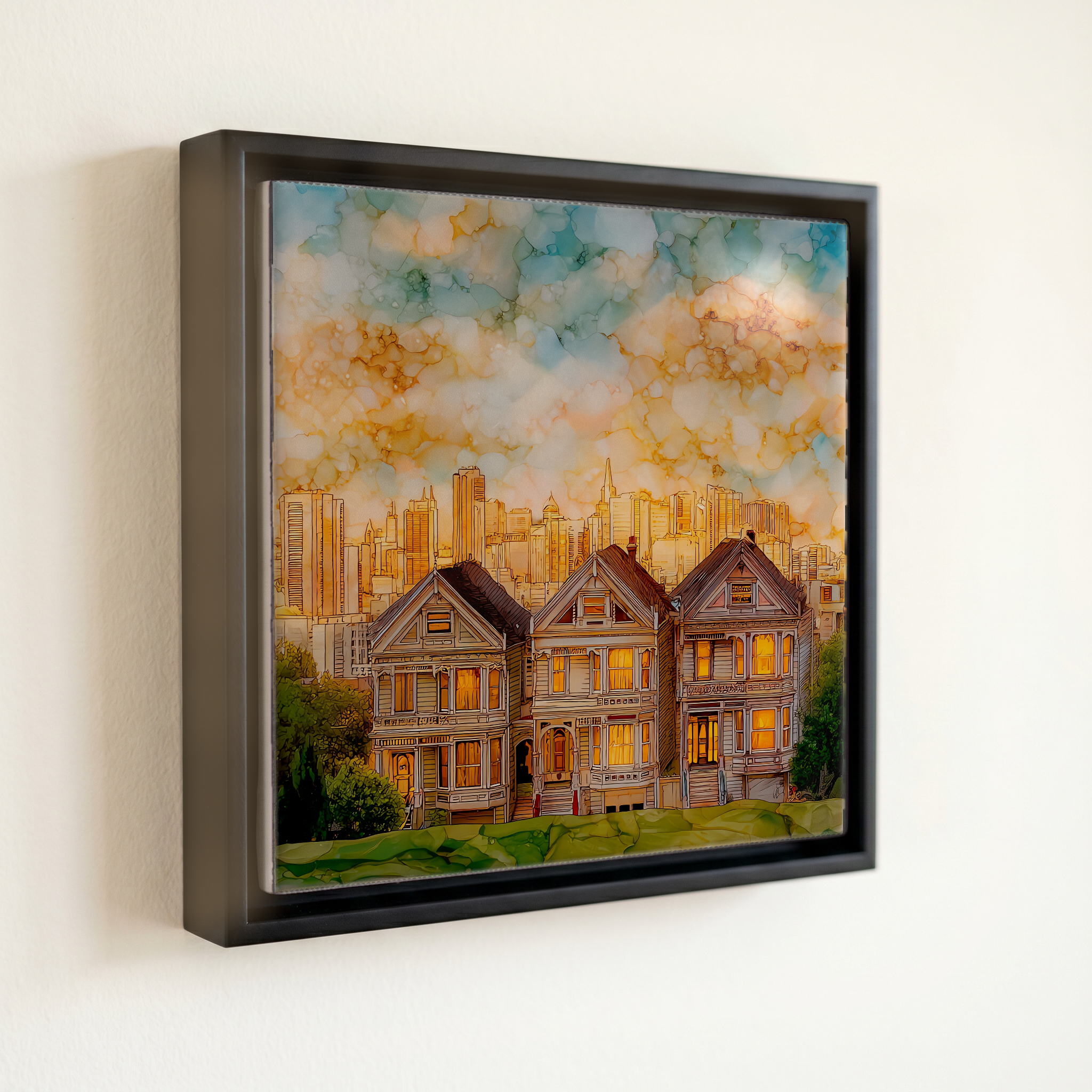 shown in a slim black floating frame · 6 × 6 in