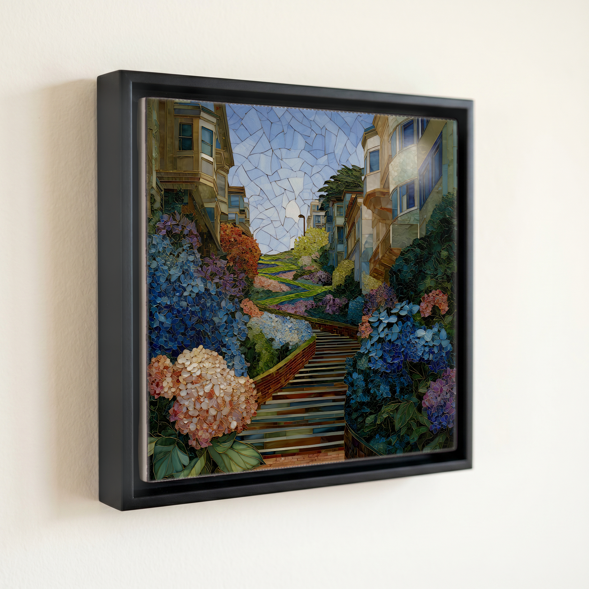 shown in a slim black floating frame · 6 × 6 in