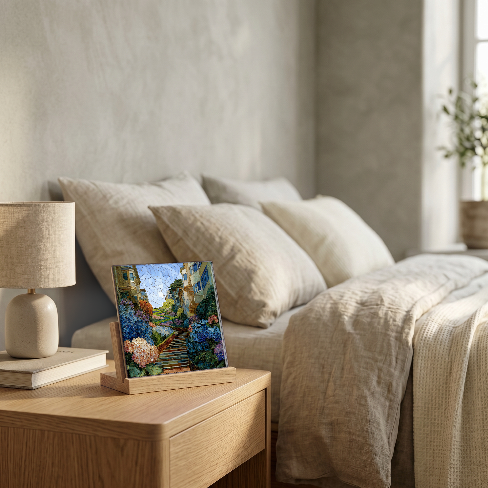 On the nightstand, on a light oak stand.