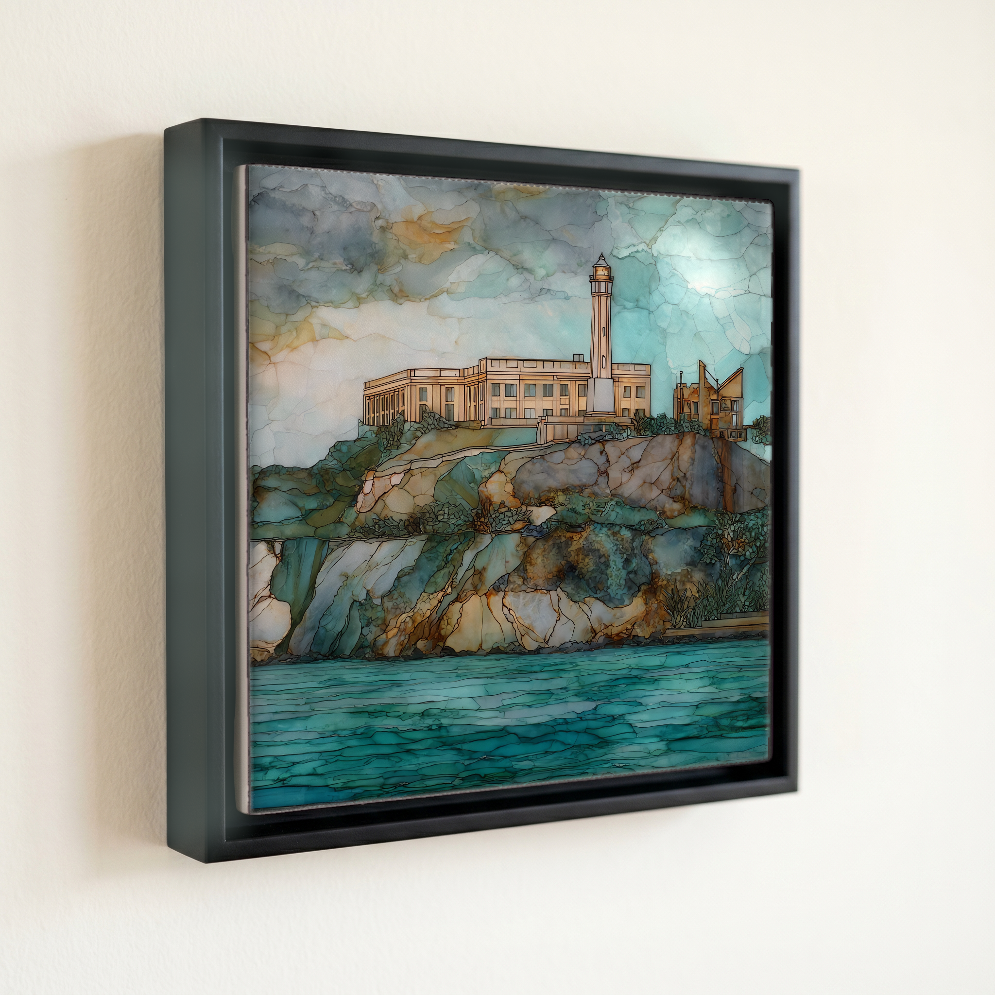 shown in a slim black floating frame · 6 × 6 in
