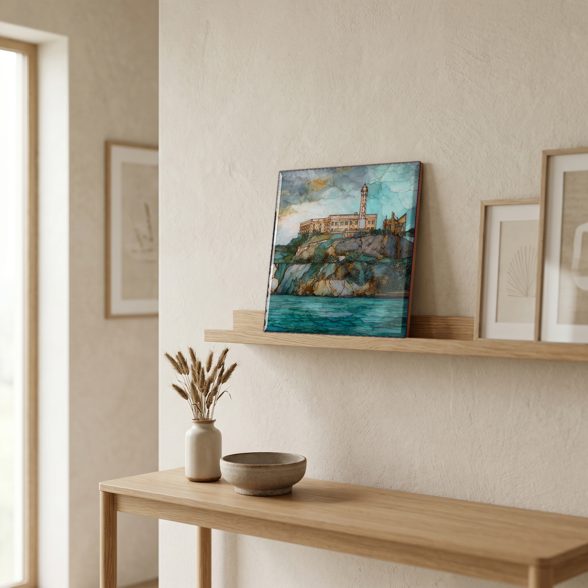 On a picture ledge, where the light comes in.