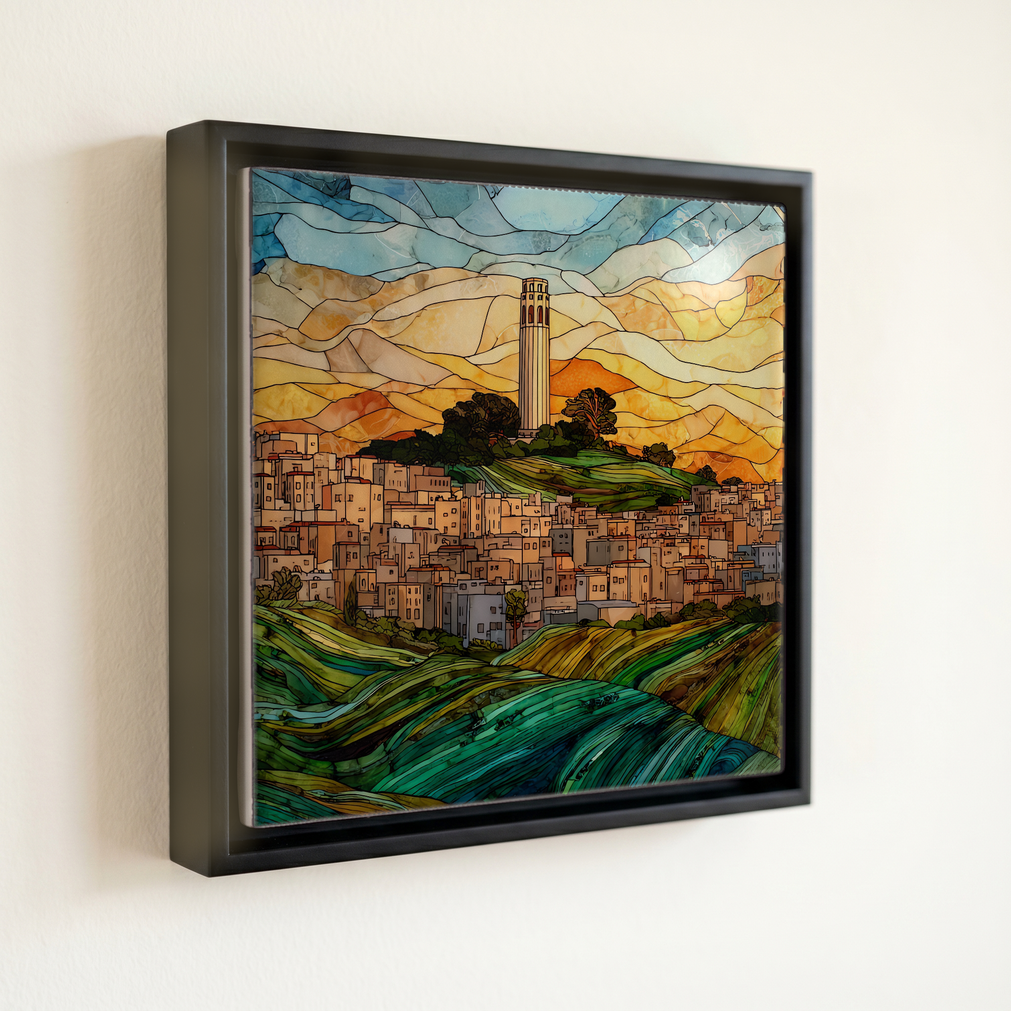 shown in a slim black floating frame · 6 × 6 in