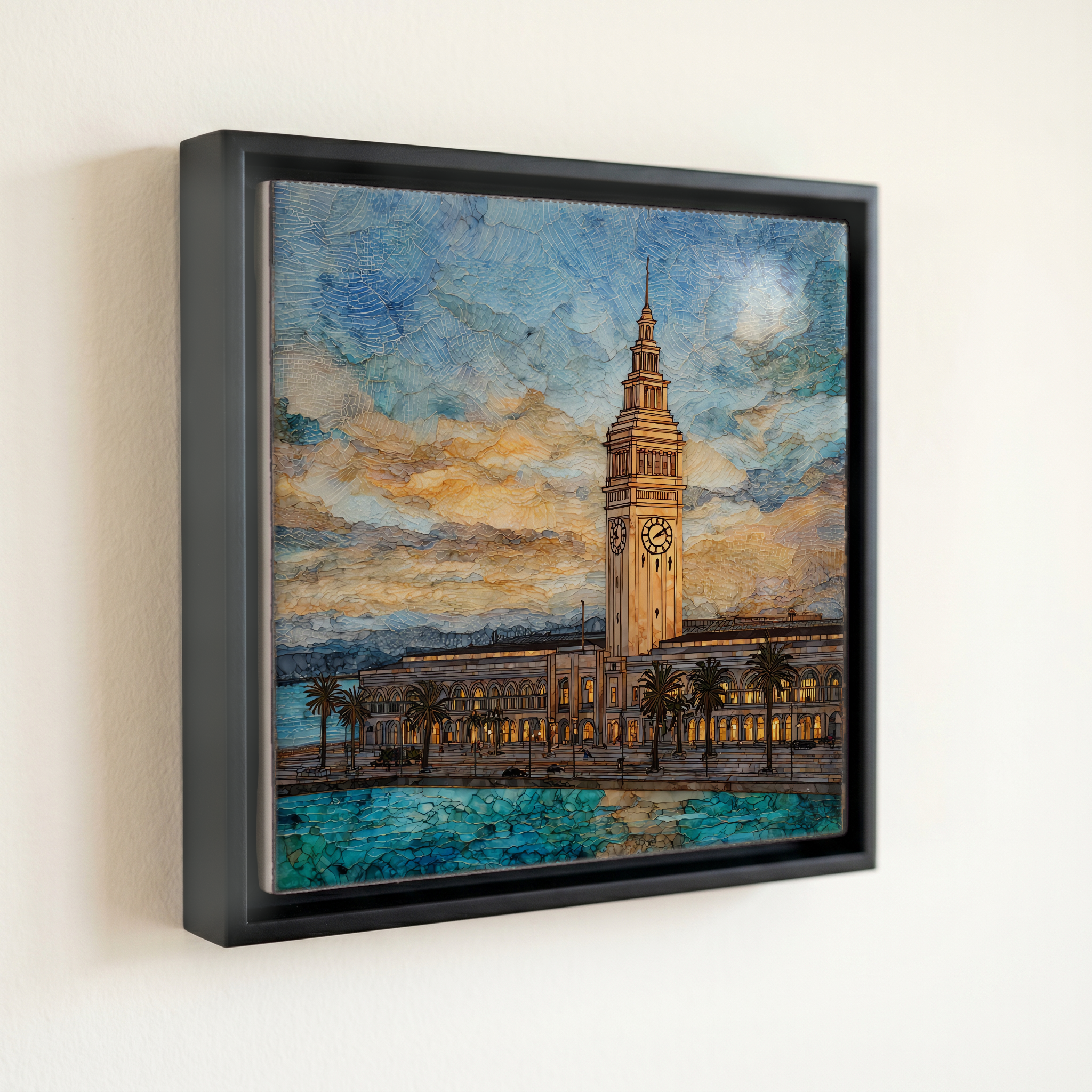 shown in a slim black floating frame · 6 × 6 in