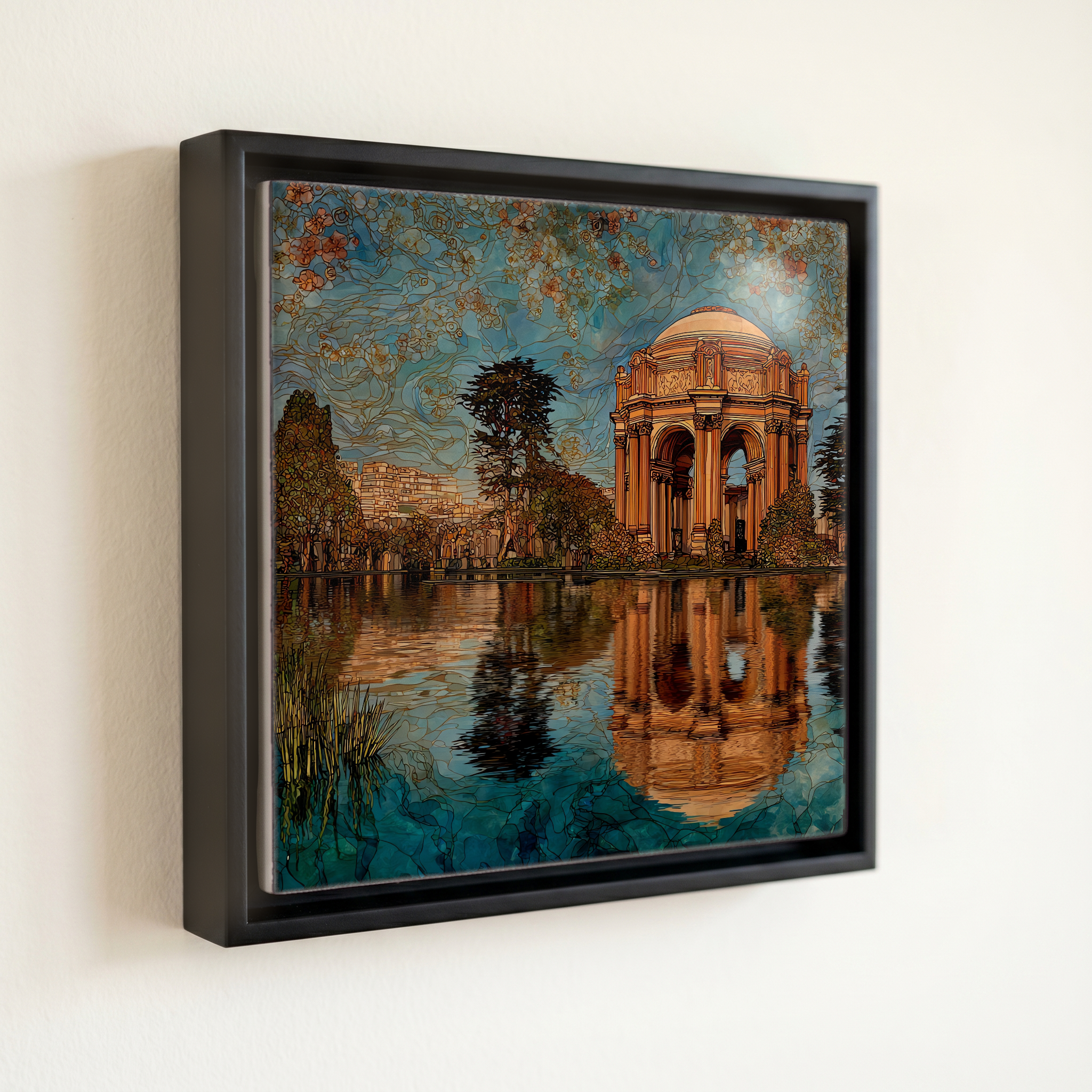 shown in a slim black floating frame · 6 × 6 in