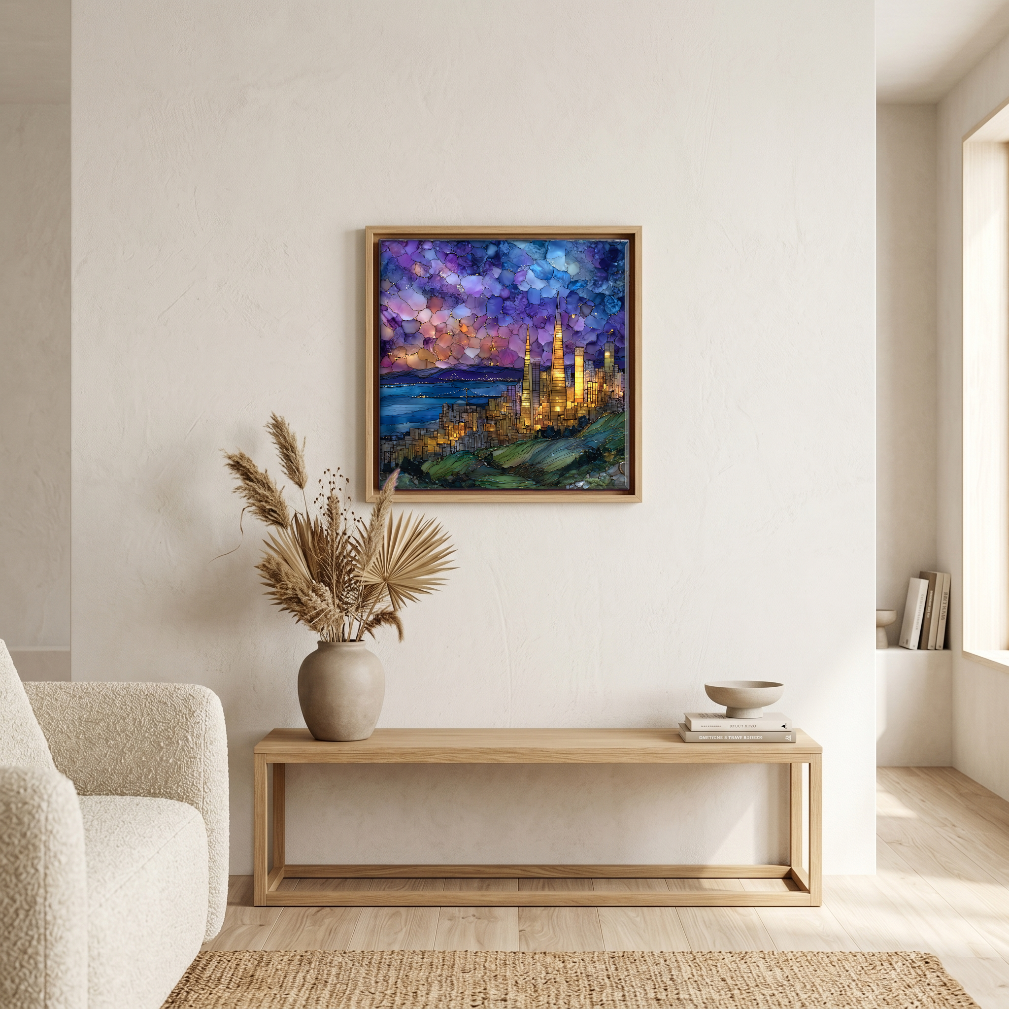 Above the bench, in a warm oak surround.