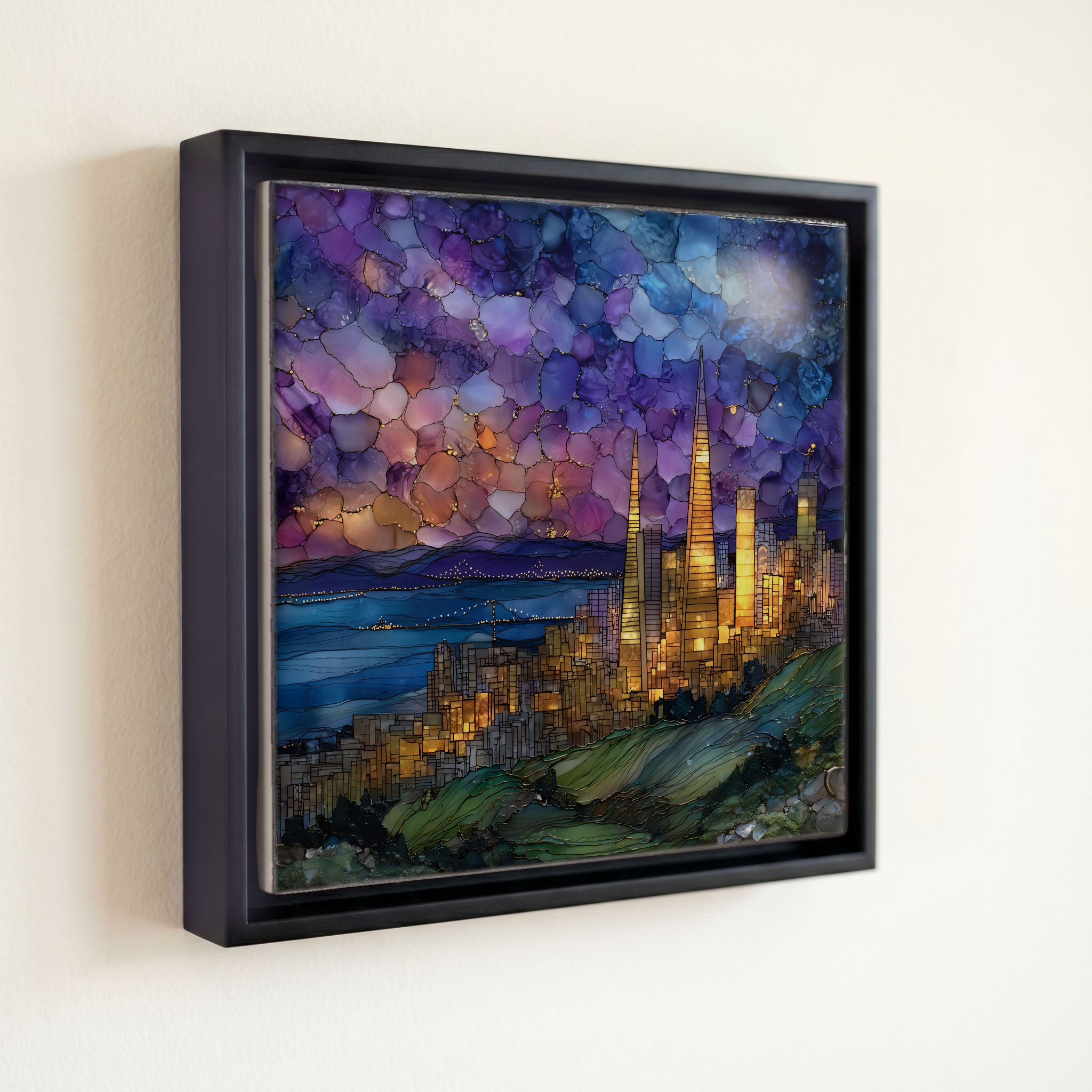 shown in a slim black floating frame · 6 × 6 in