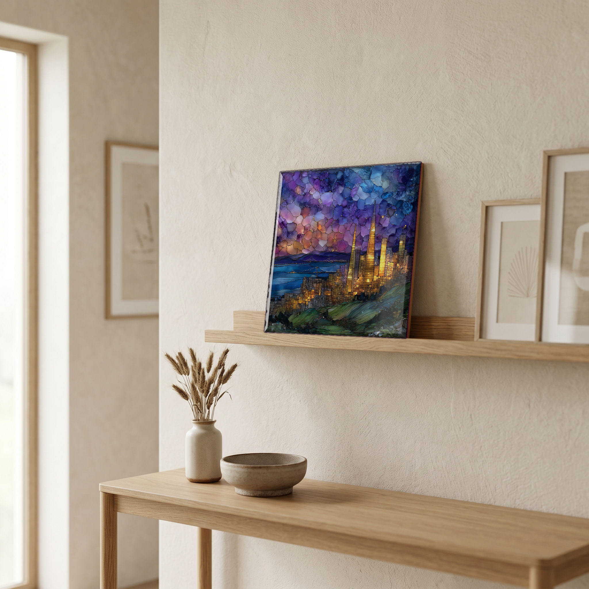 On a picture ledge, where the light comes in.