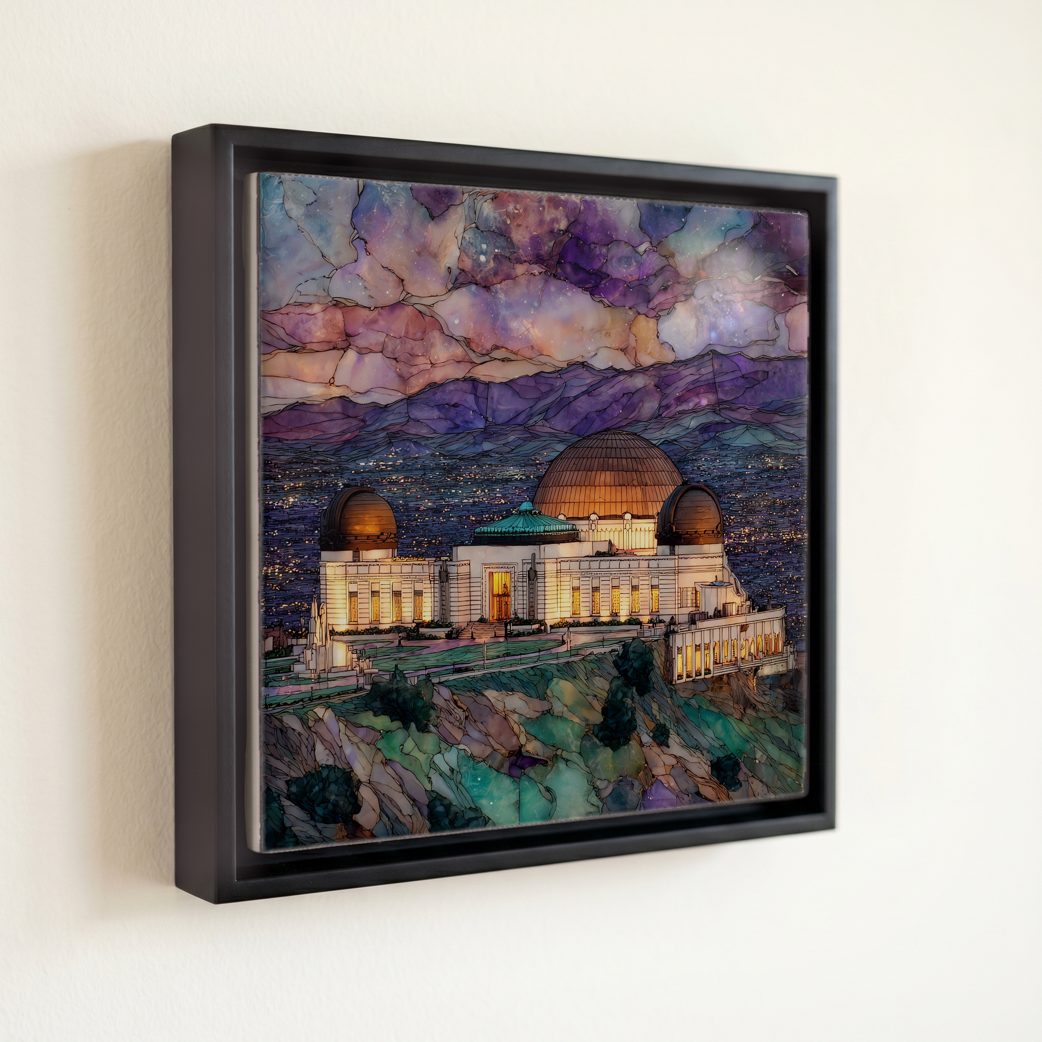 shown in a slim black floating frame · 6 × 6 in