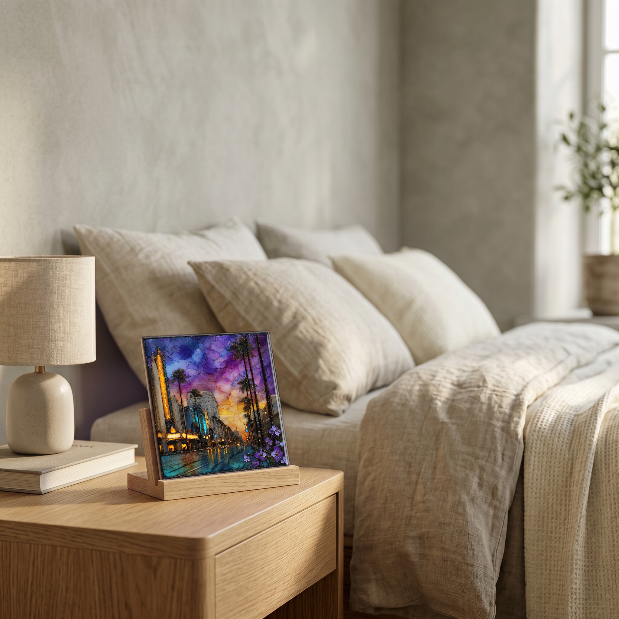 On the nightstand, on a light oak stand.