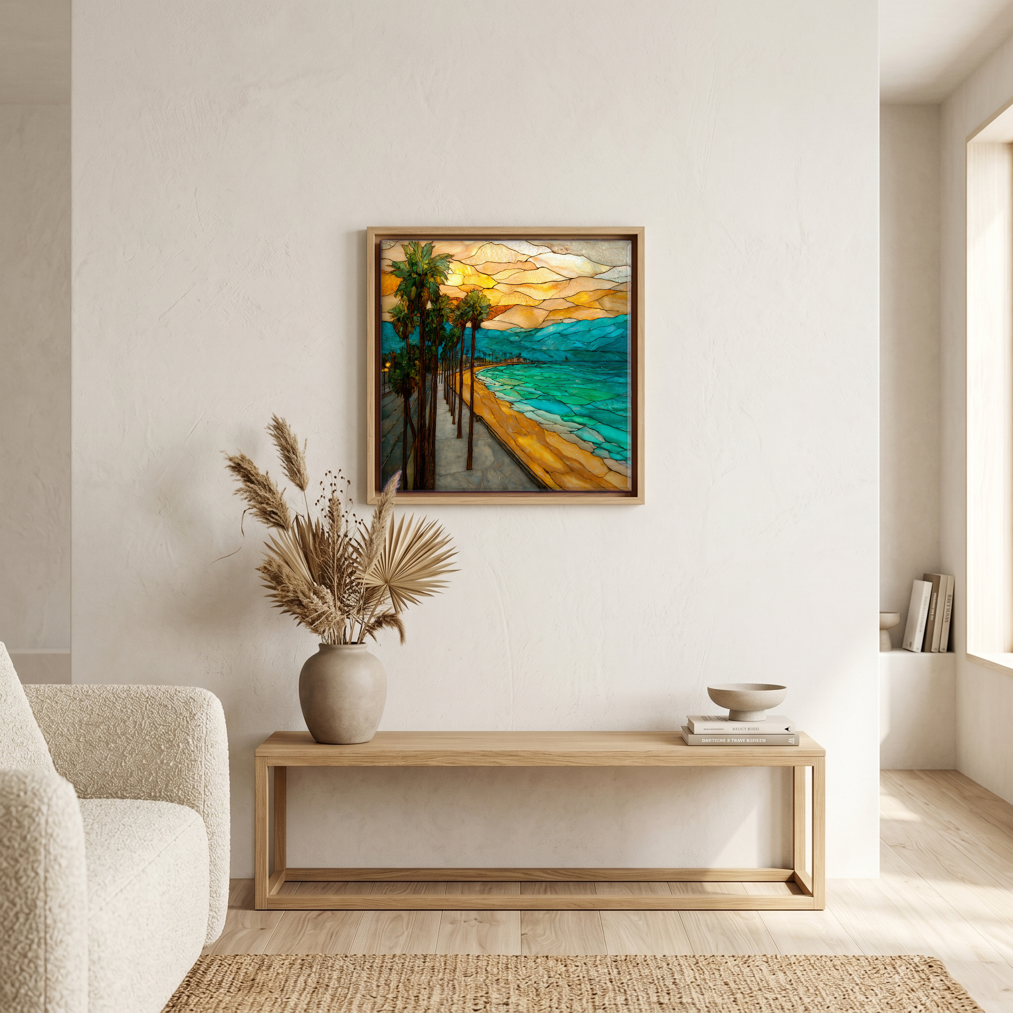 Above the bench, in a warm oak surround.