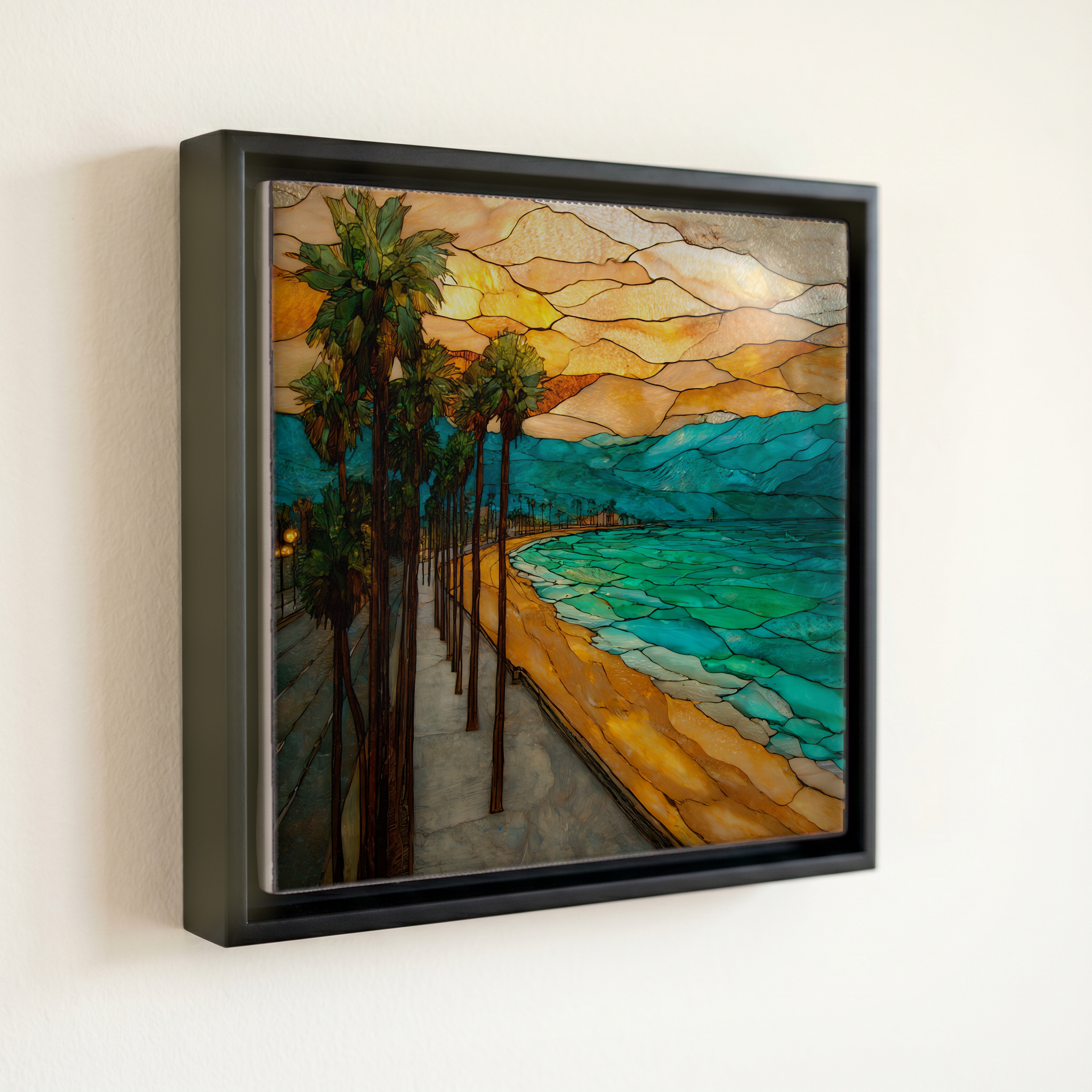 shown in a slim black floating frame · 6 × 6 in