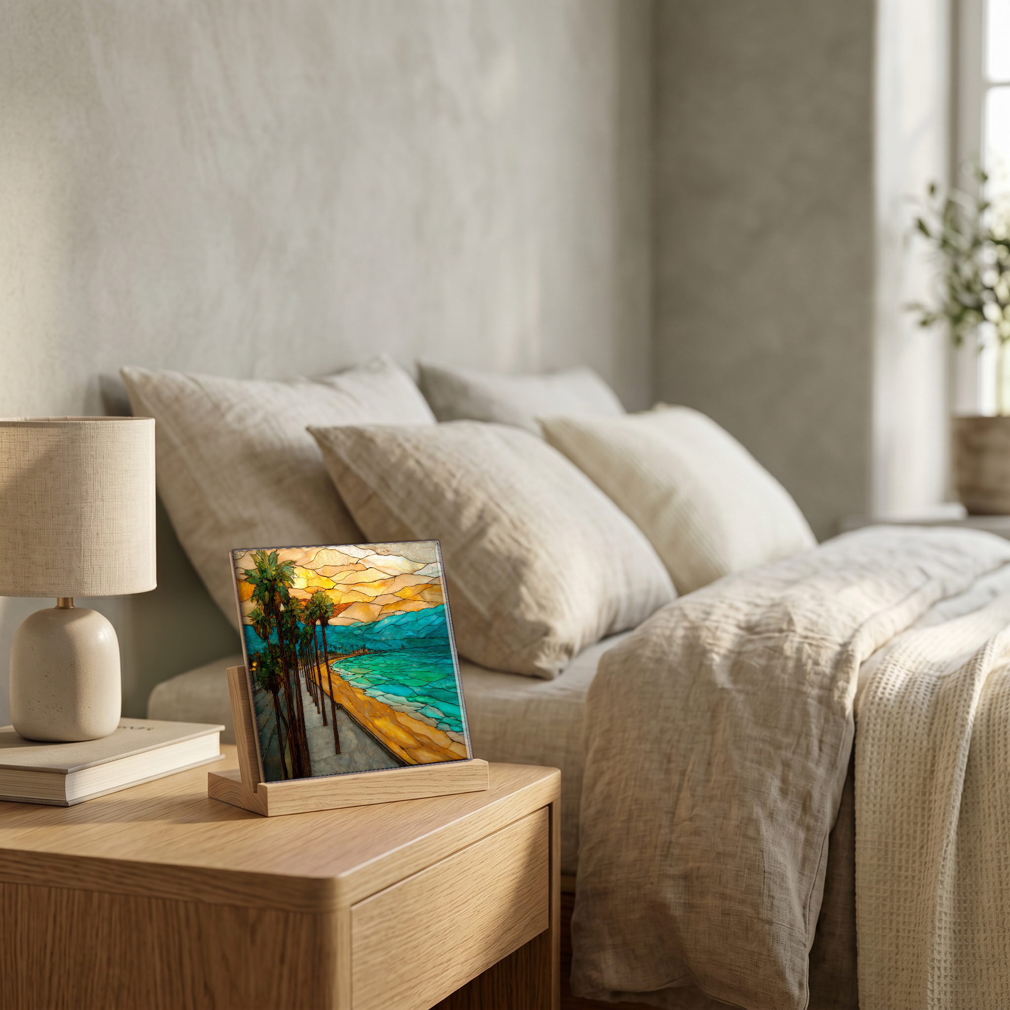 On the nightstand, on a light oak stand.