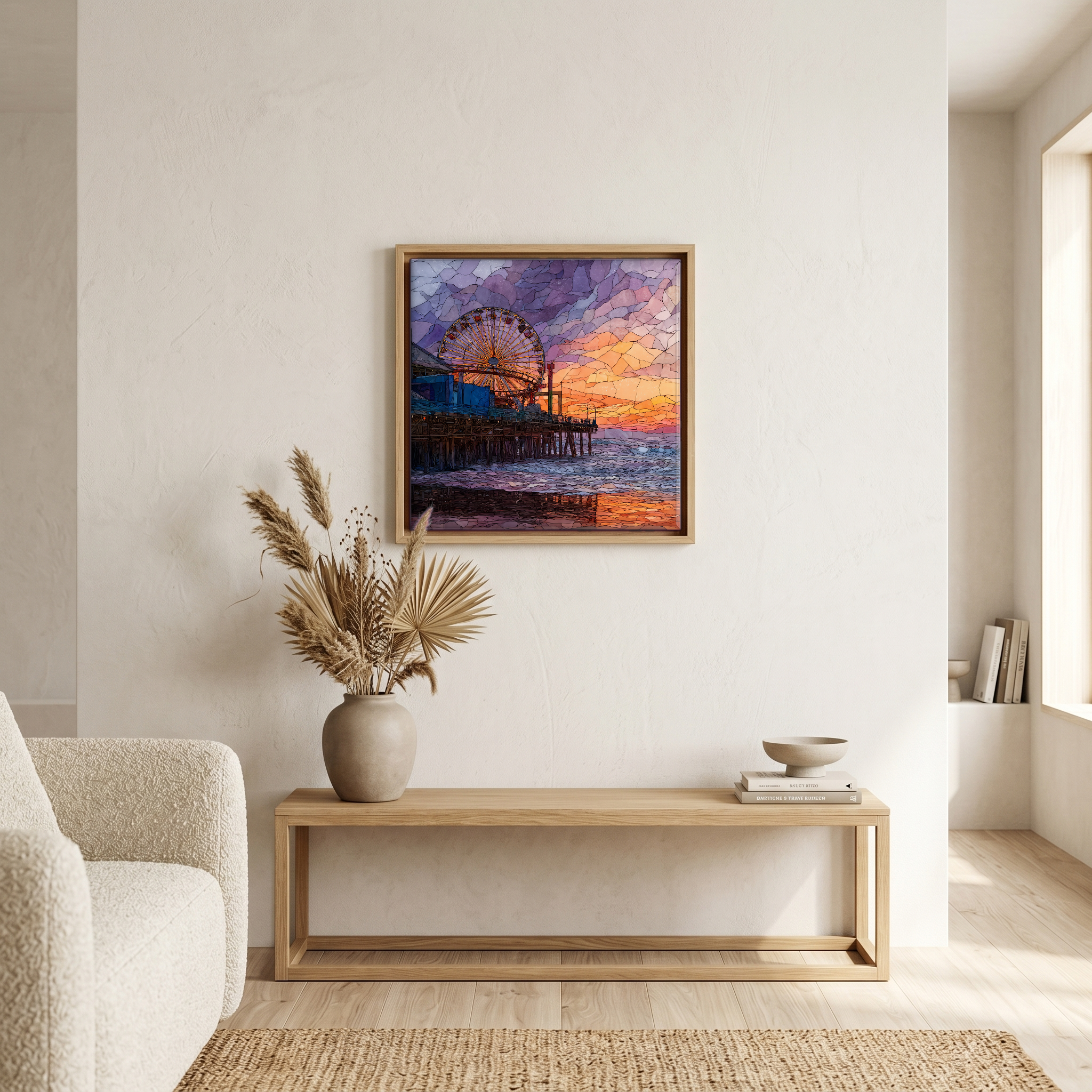 Above the bench, in a warm oak surround.