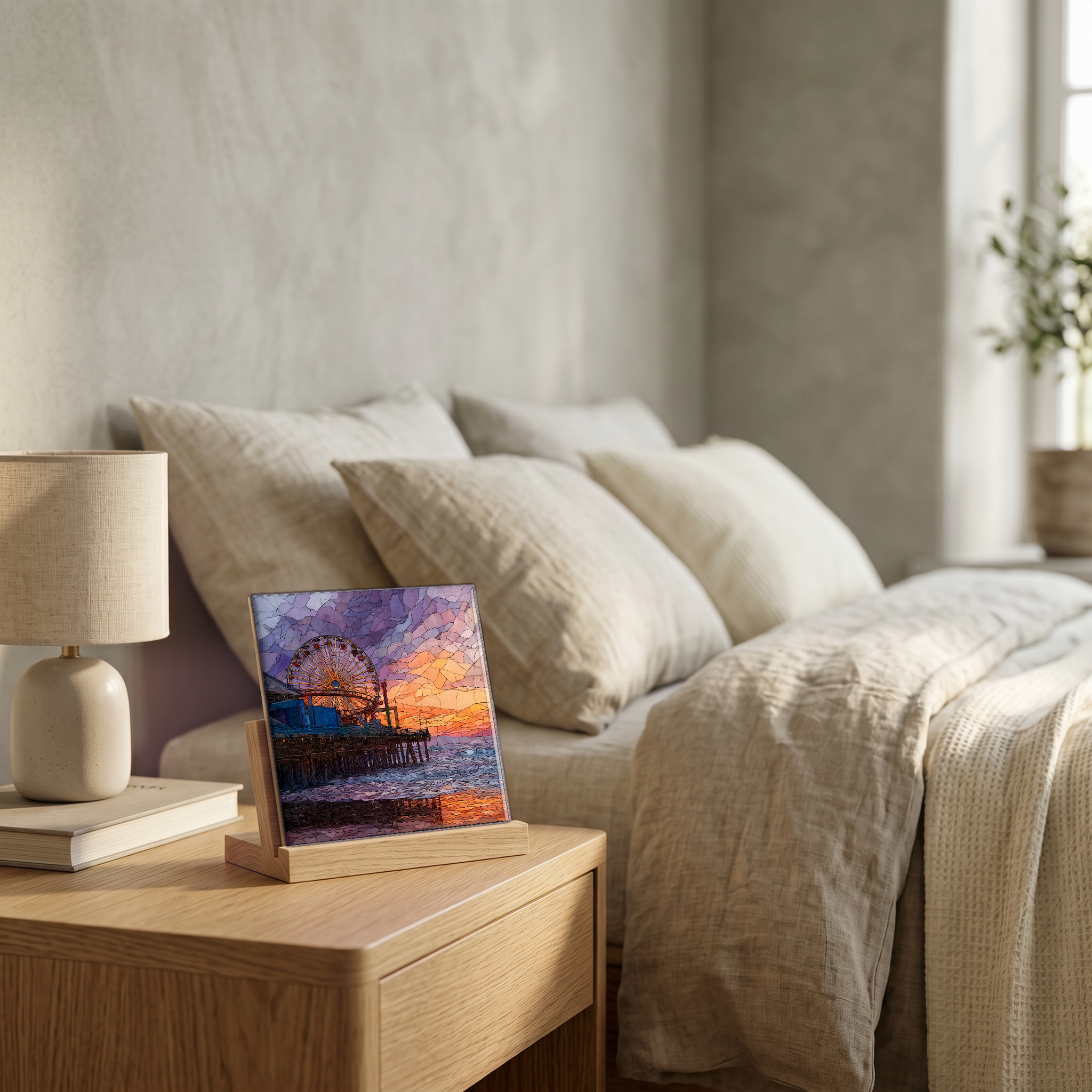 On the nightstand, on a light oak stand.