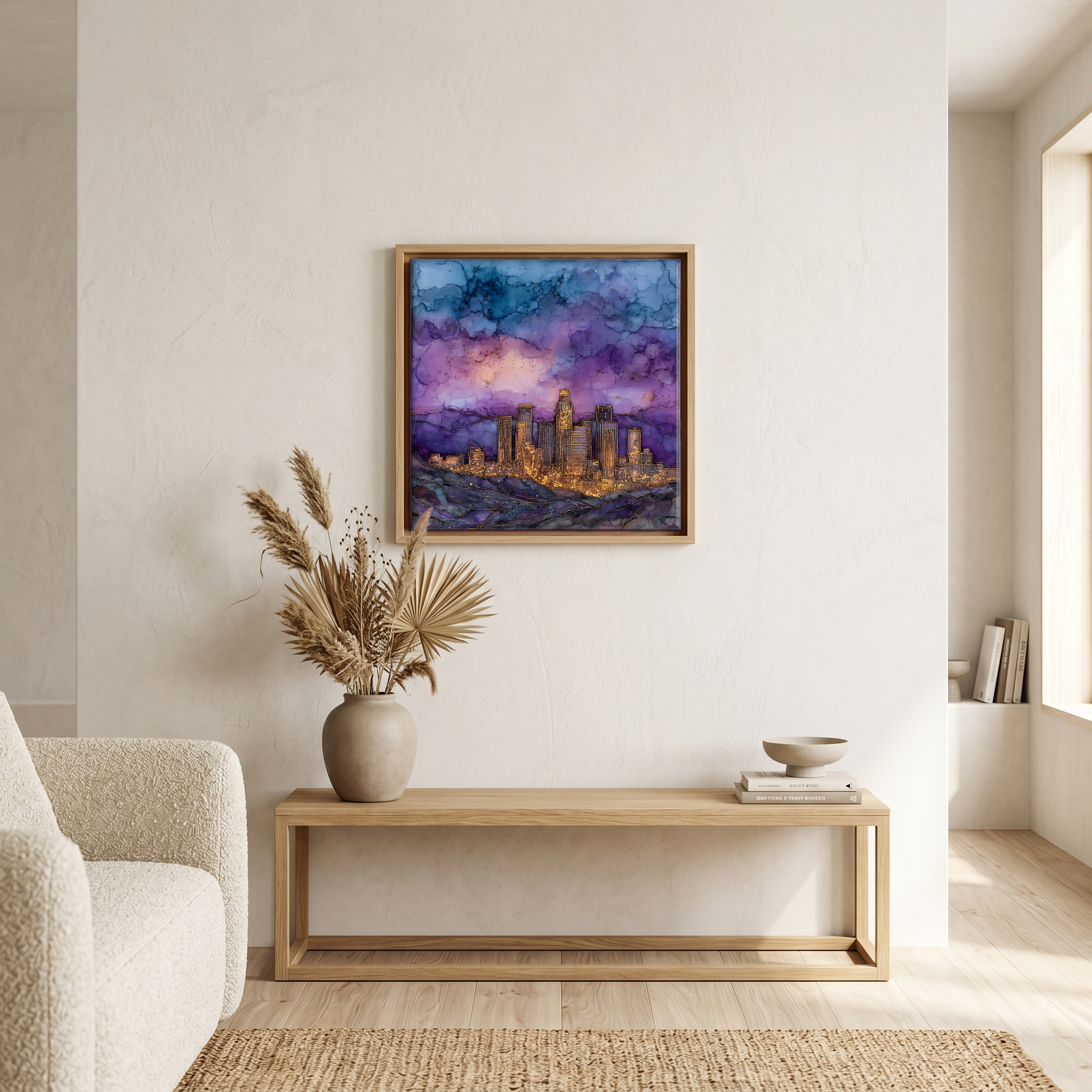 Above the bench, in a warm oak surround.