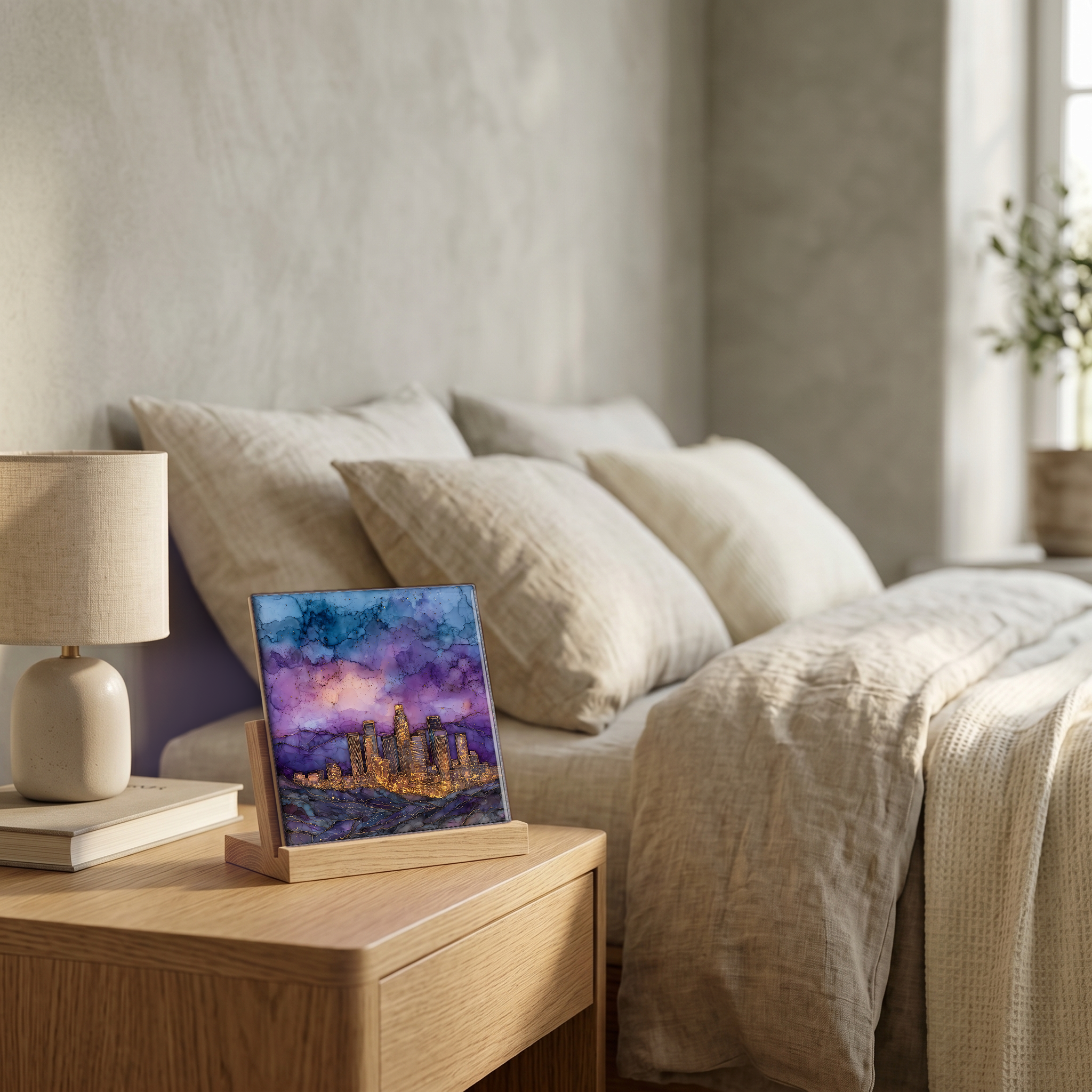 On the nightstand, on a light oak stand.