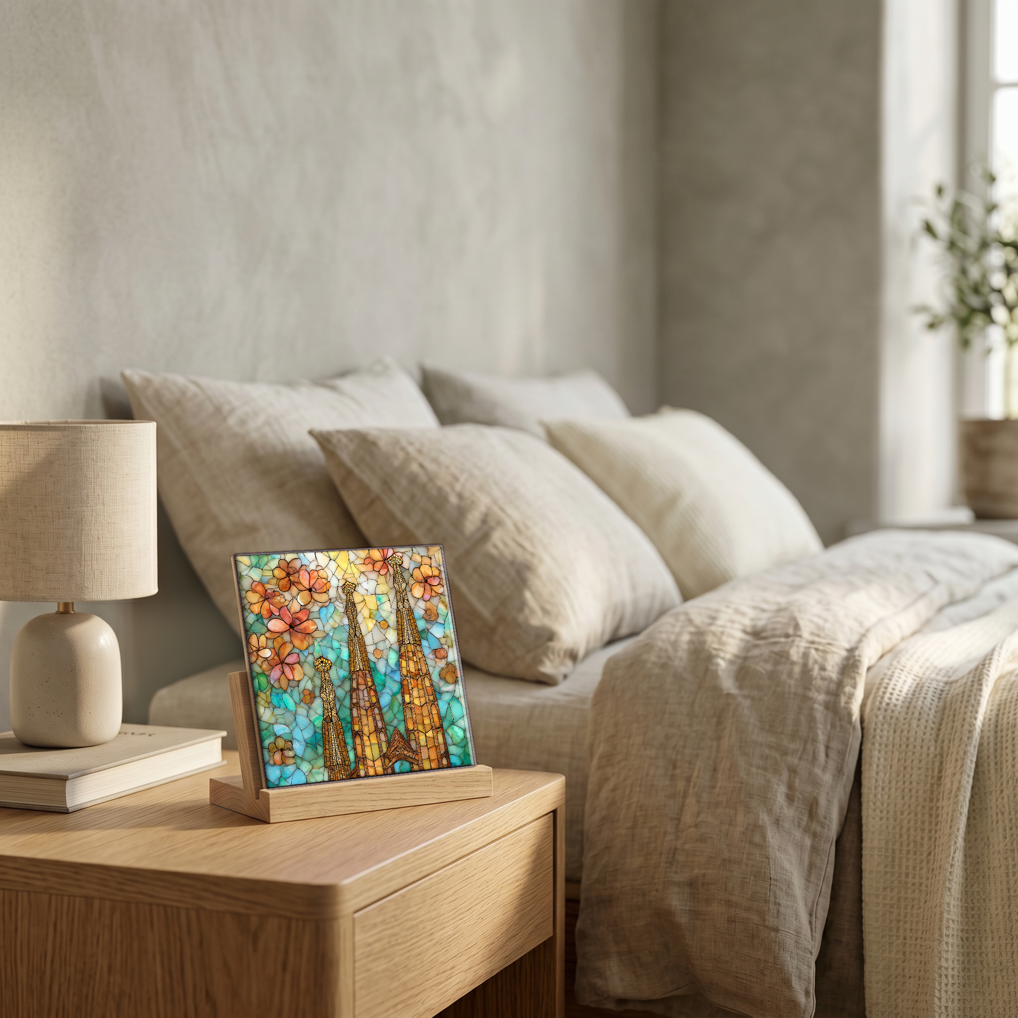 On the nightstand, on a light oak stand.