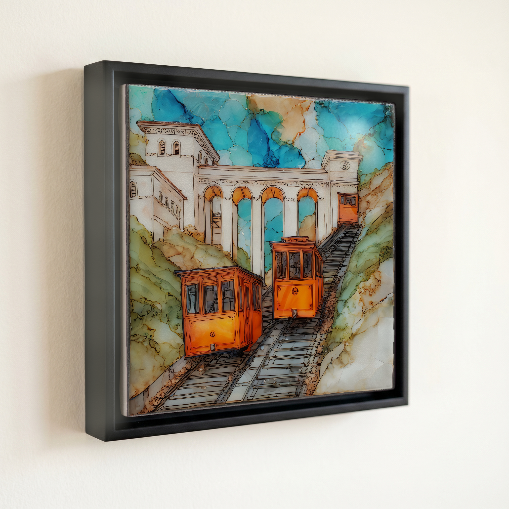 shown in a slim black floating frame · 6 × 6 in