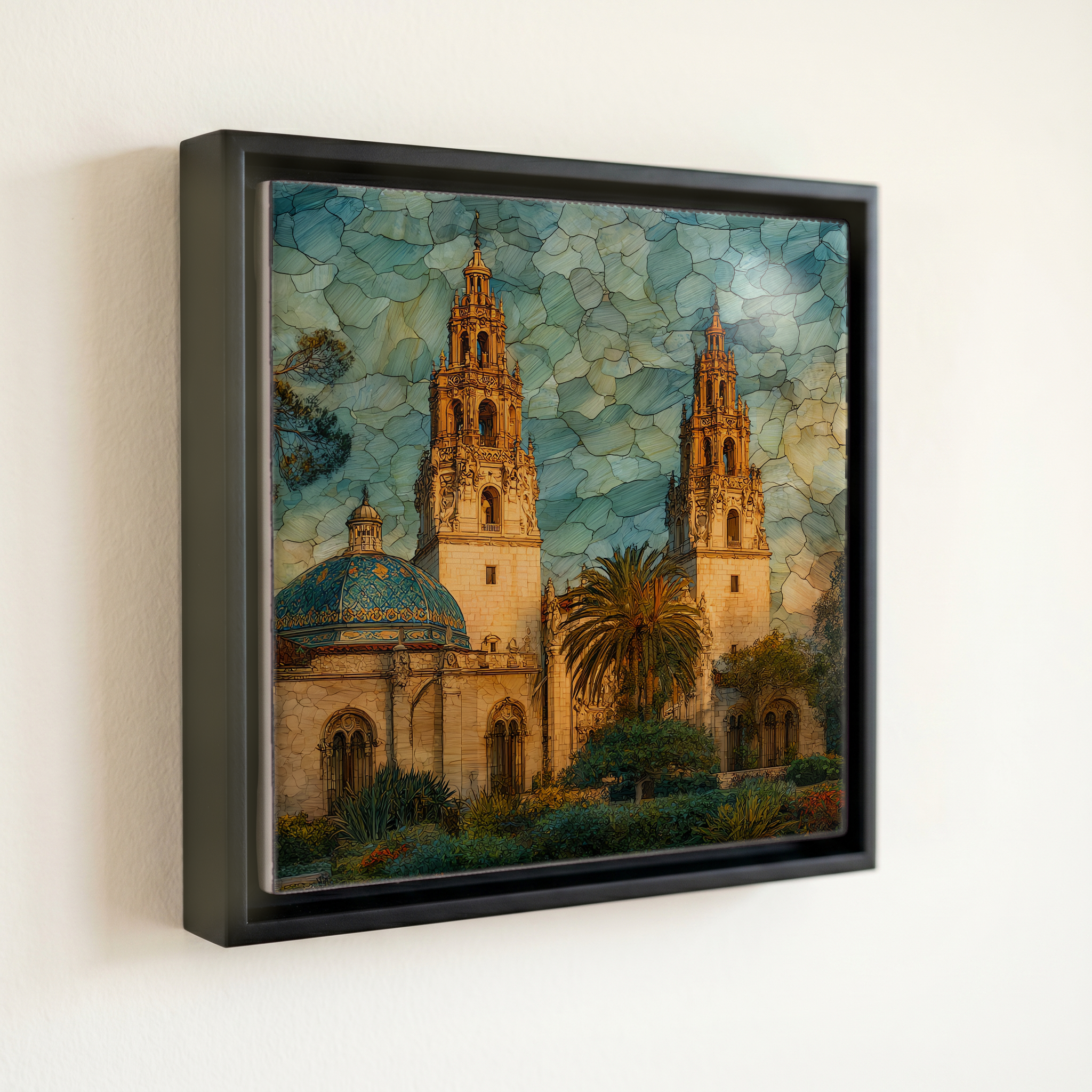 shown in a slim black floating frame · 6 × 6 in
