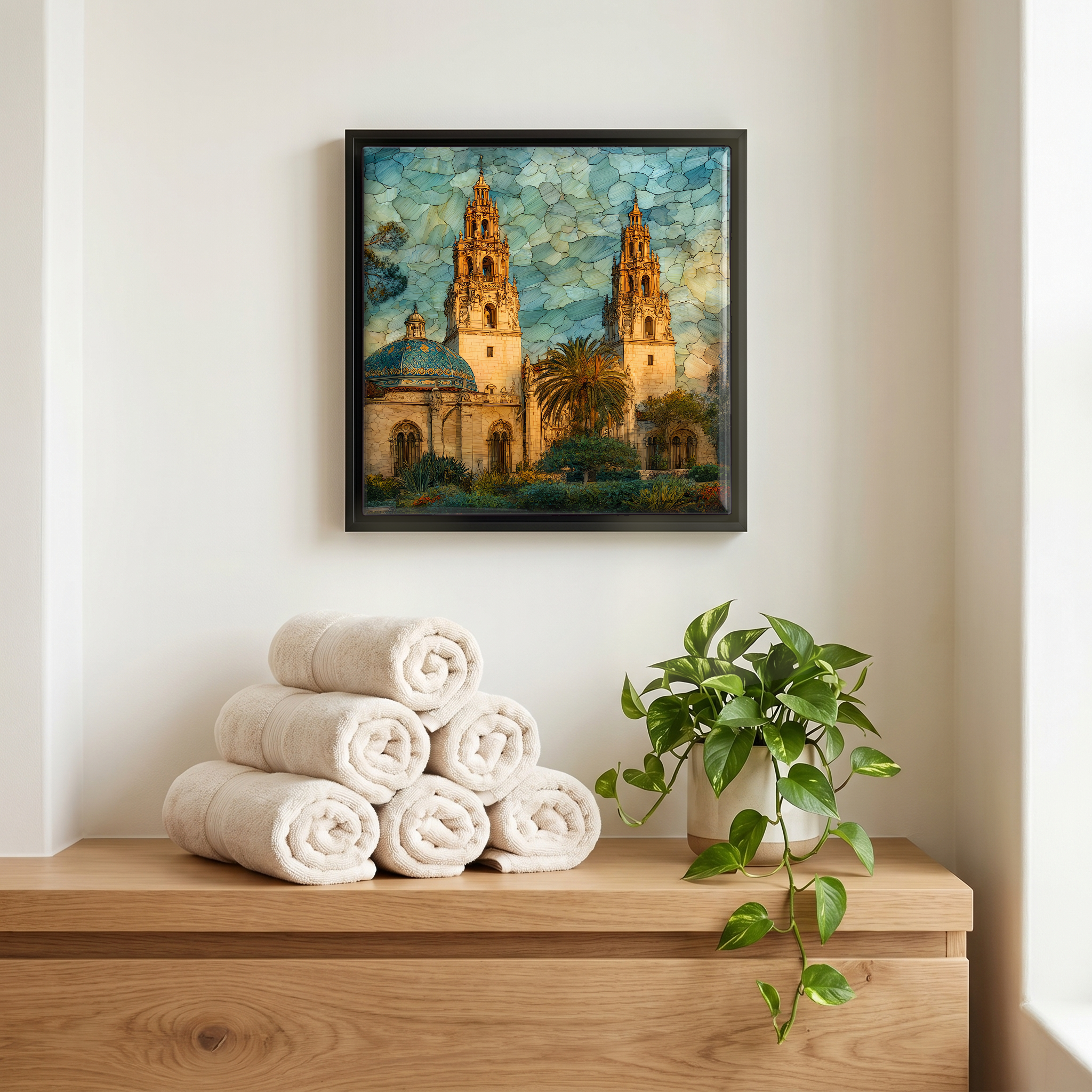 Above the linens, in a slim black surround.