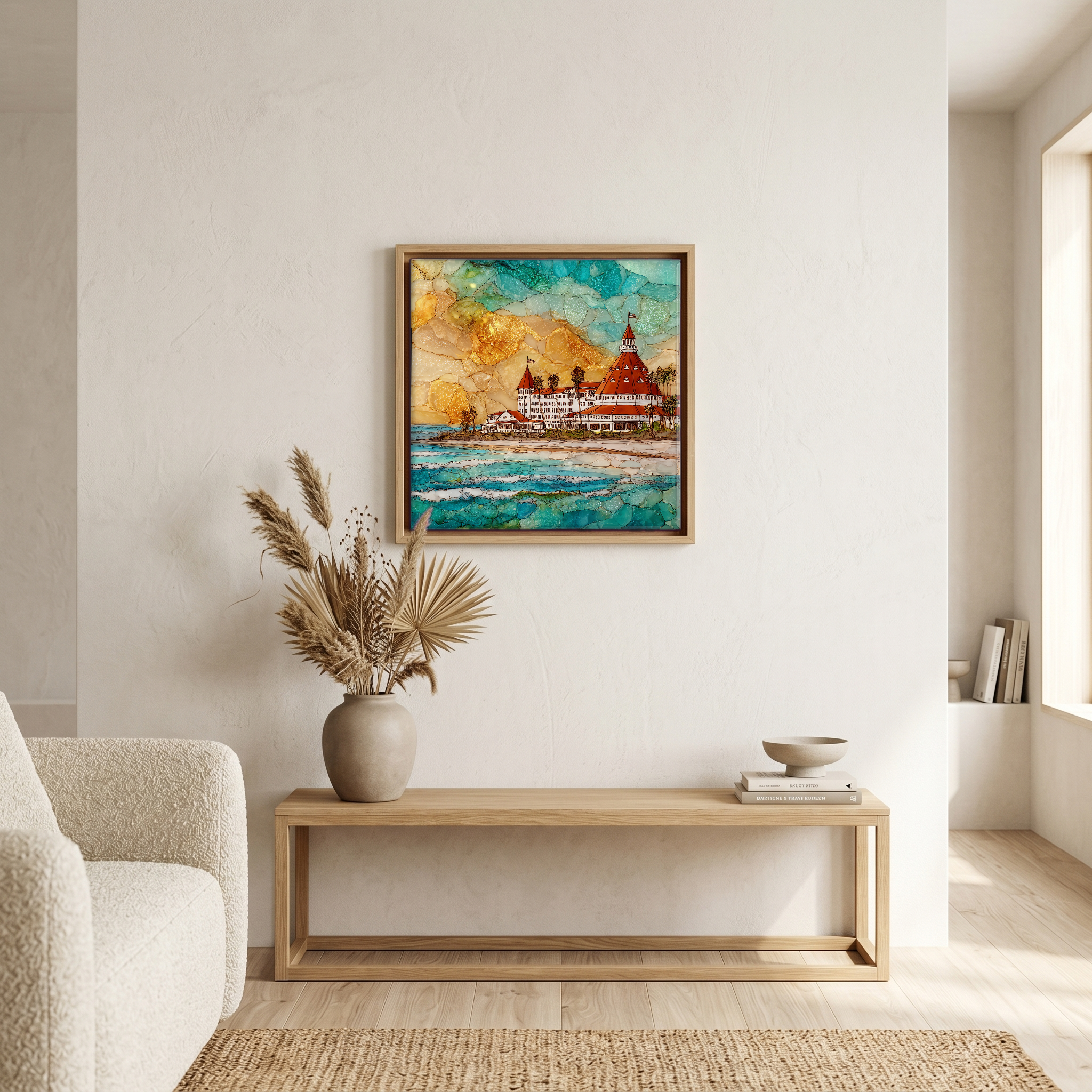 Above the bench, in a warm oak surround.