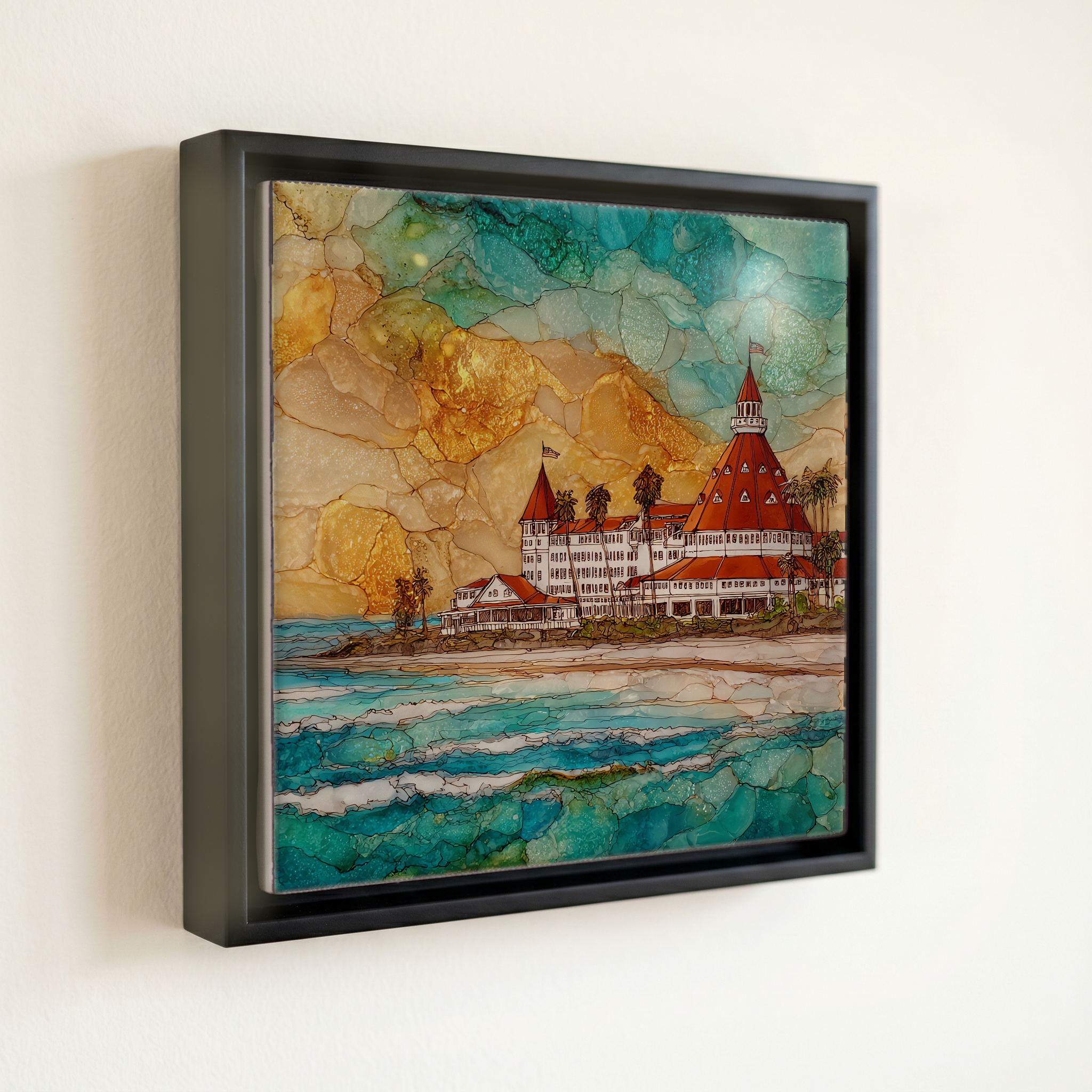 shown in a slim black floating frame · 6 × 6 in