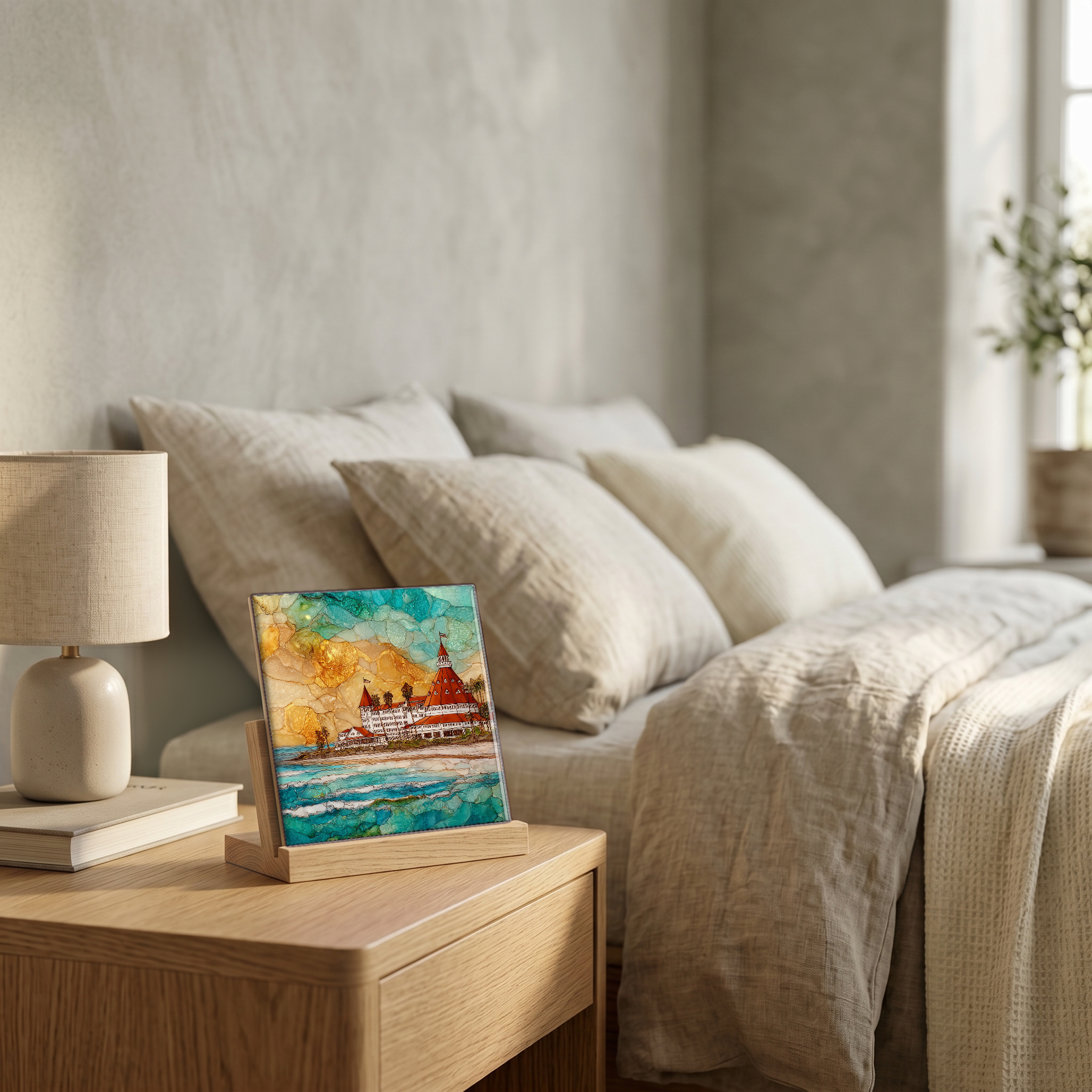 On the nightstand, on a light oak stand.