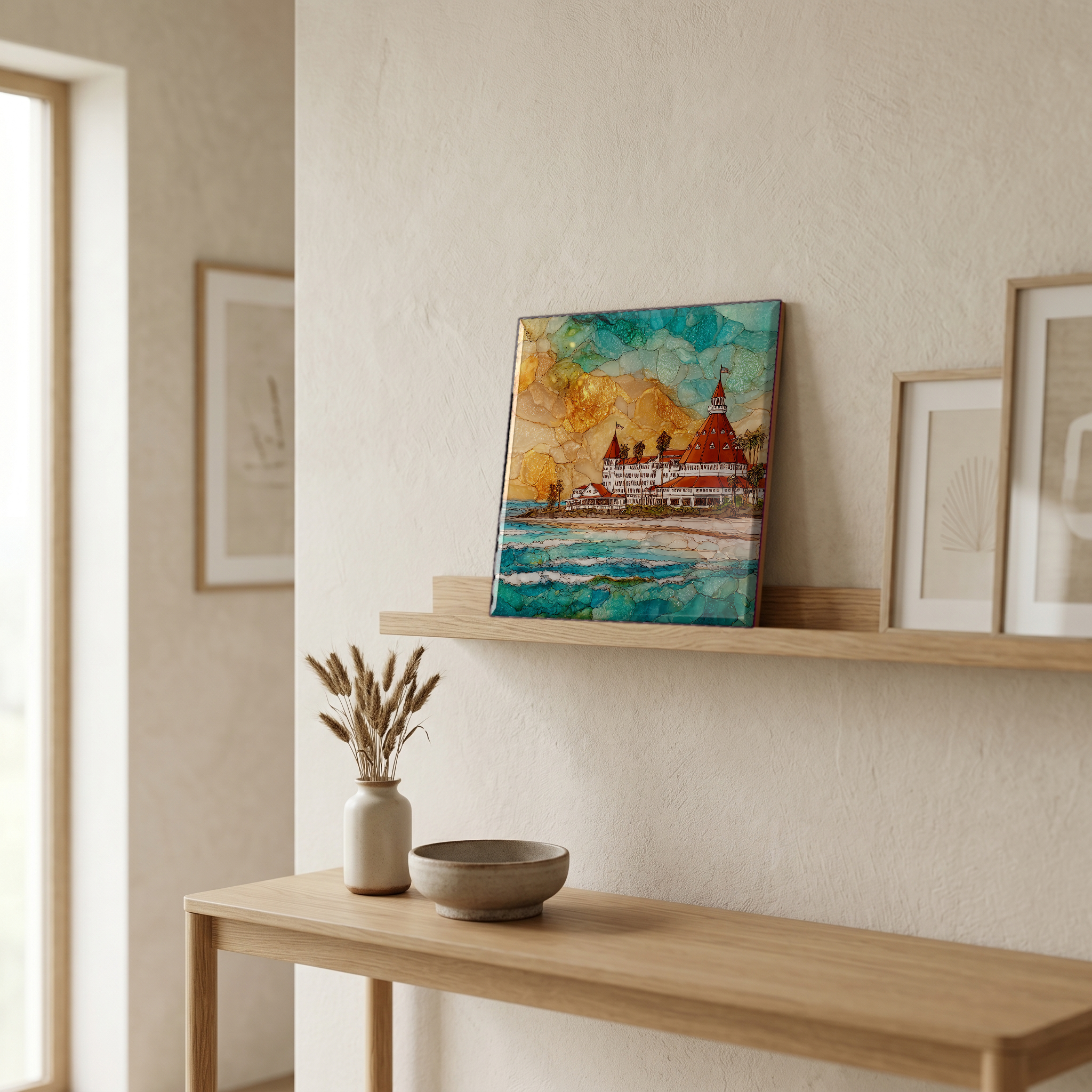 On a picture ledge, where the light comes in.