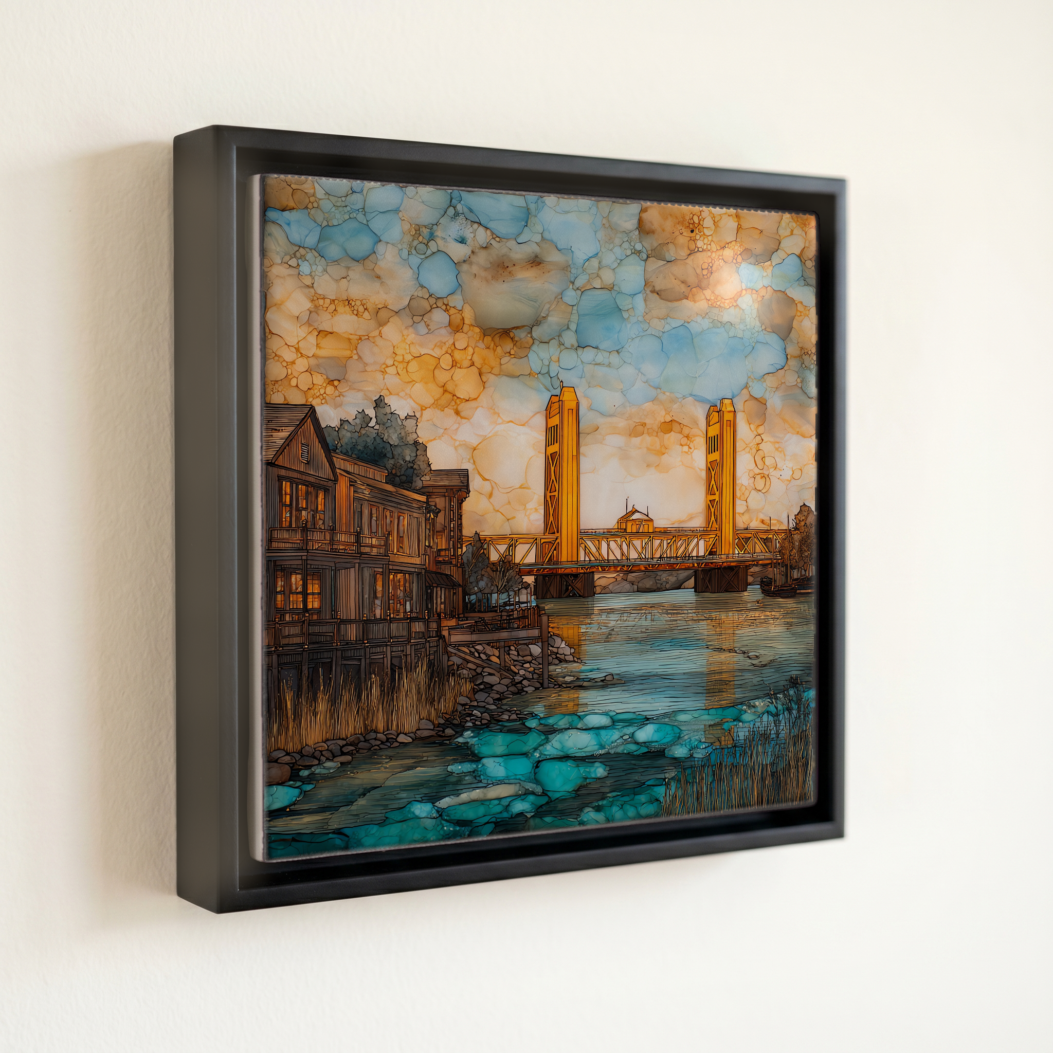 shown in a slim black floating frame · 6 × 6 in