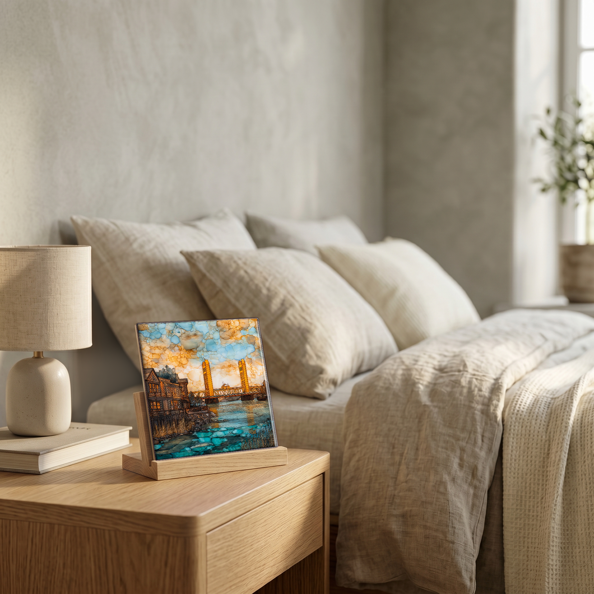On the nightstand, on a light oak stand.
