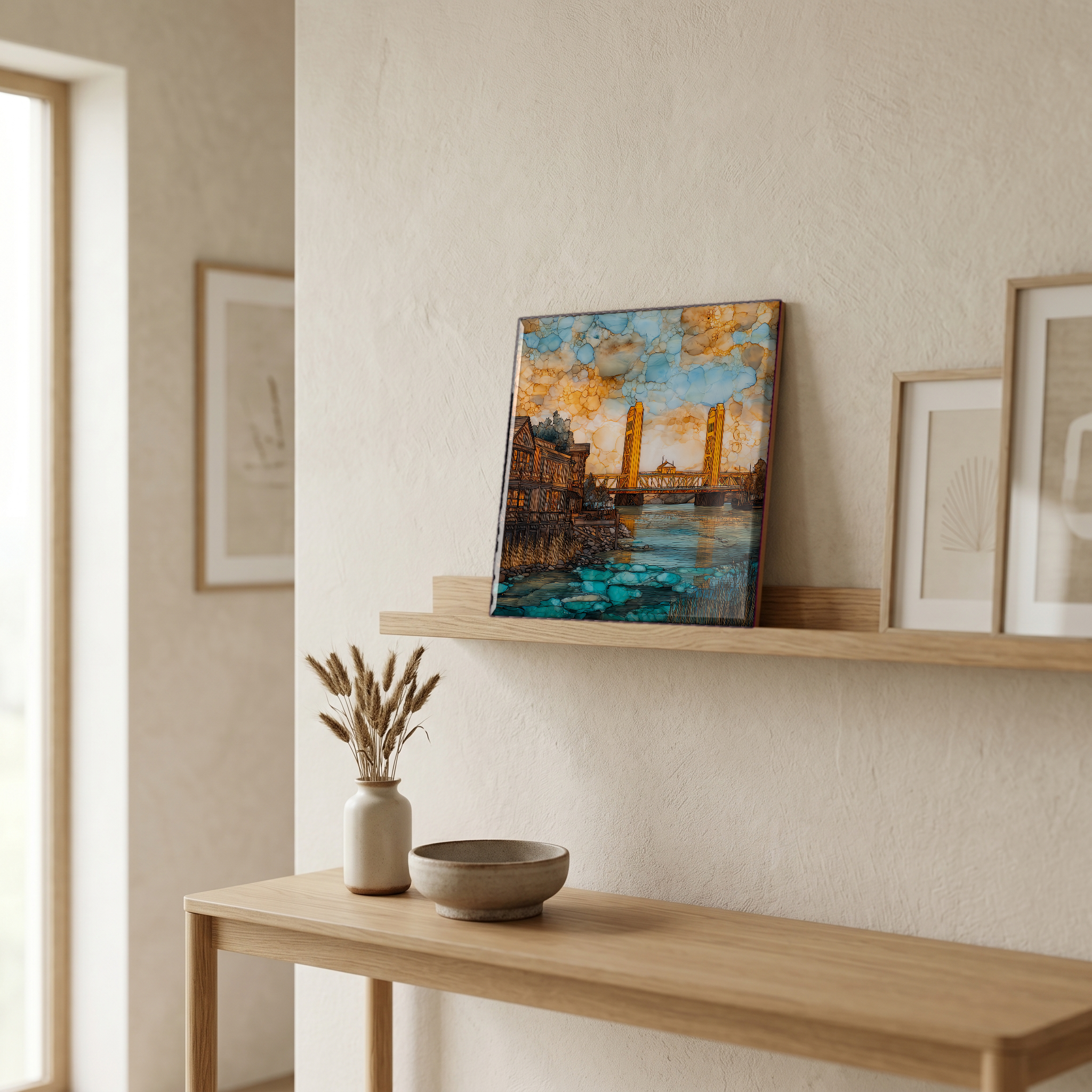 On a picture ledge, where the light comes in.