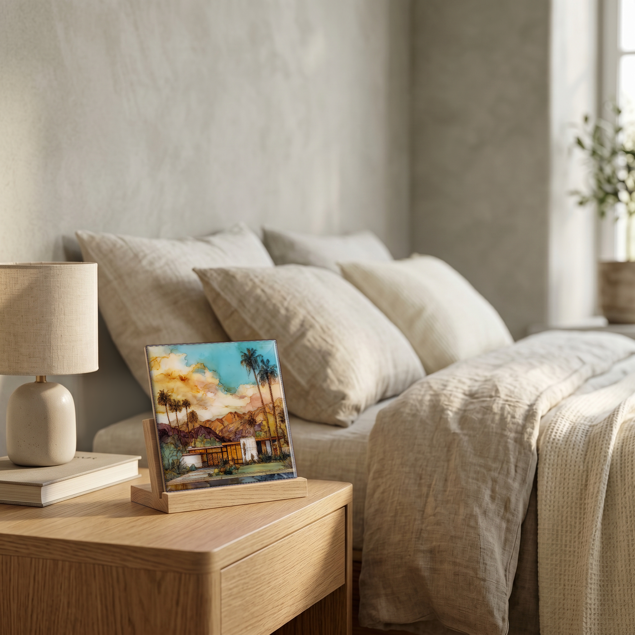 On the nightstand, on a light oak stand.