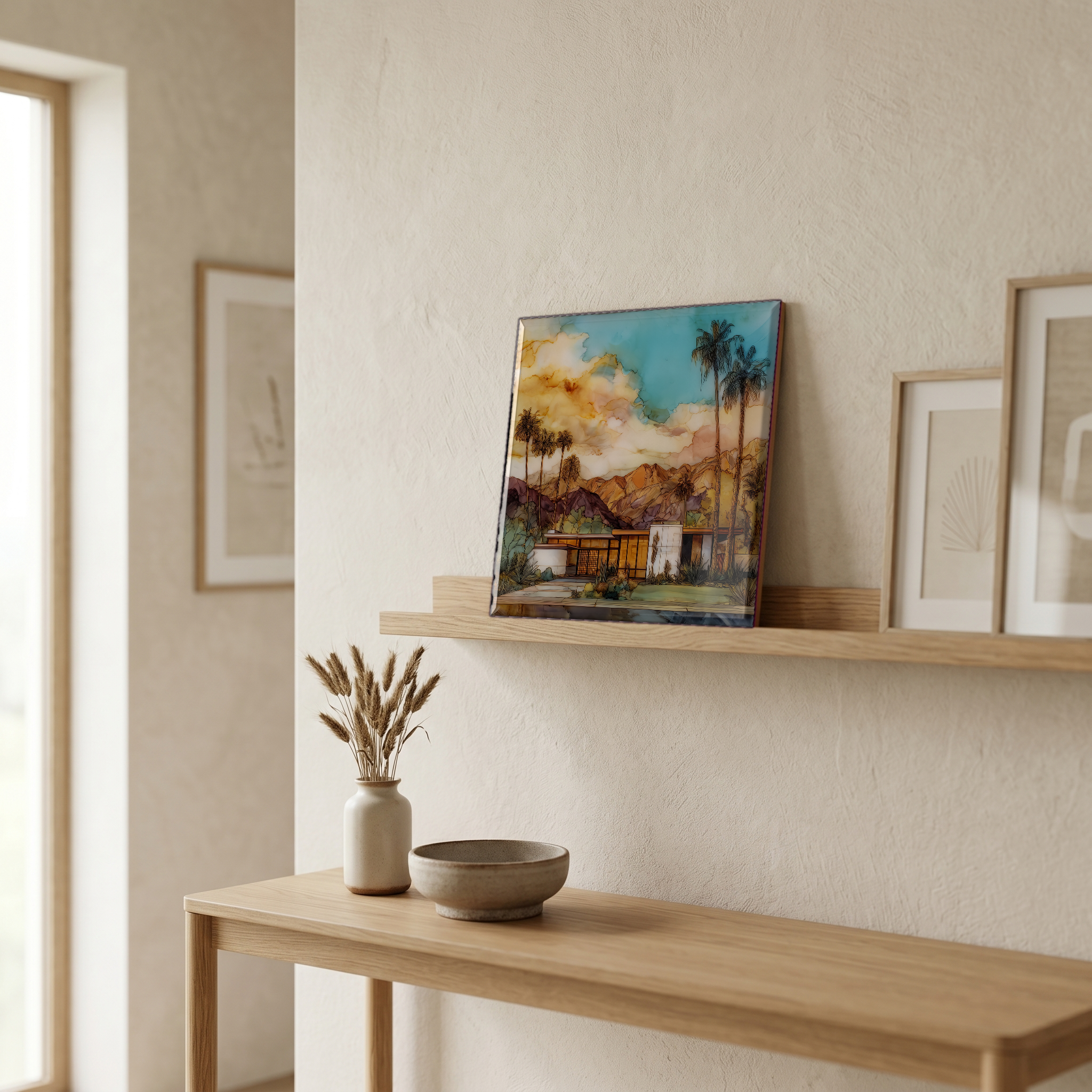 On a picture ledge, where the light comes in.