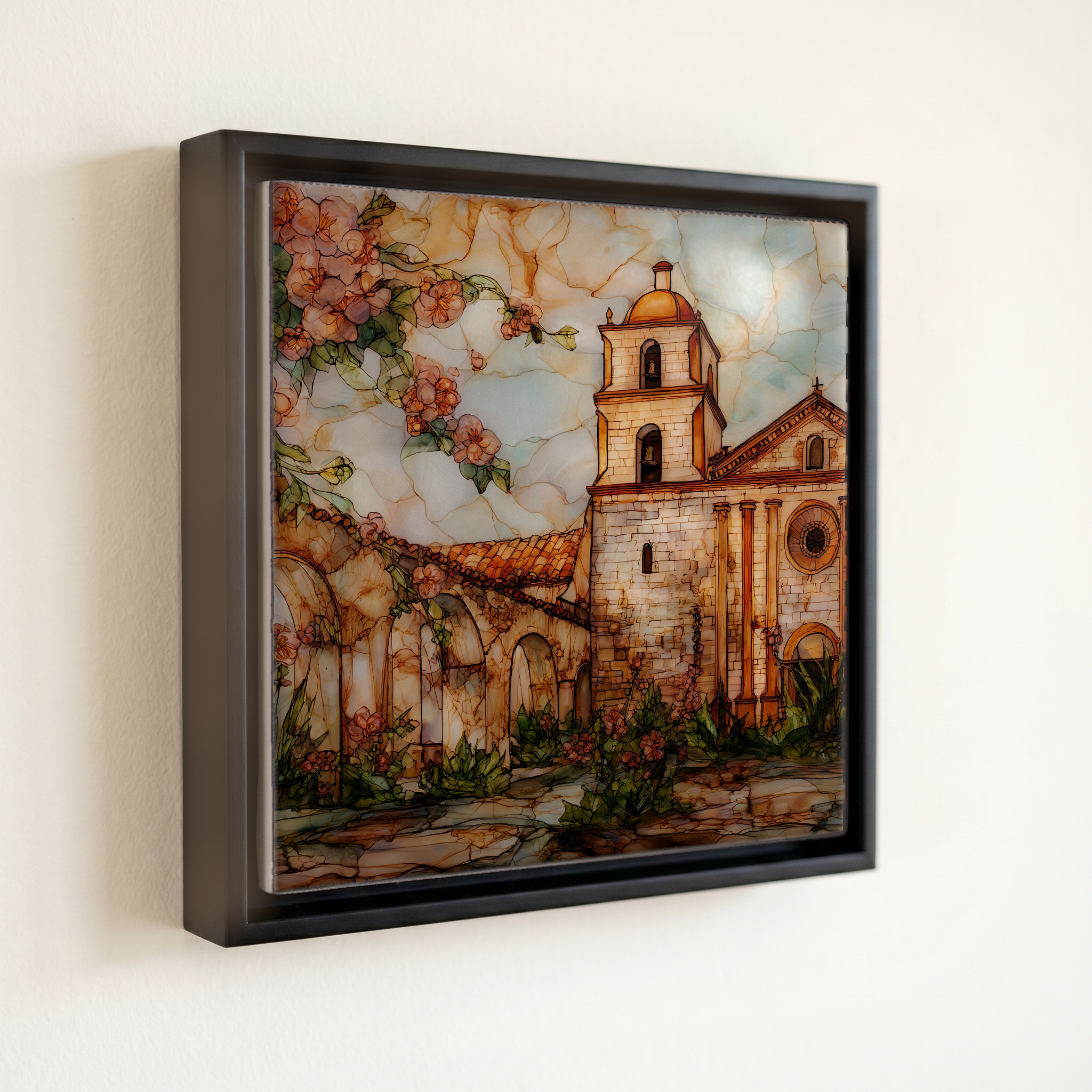 shown in a slim black floating frame · 6 × 6 in