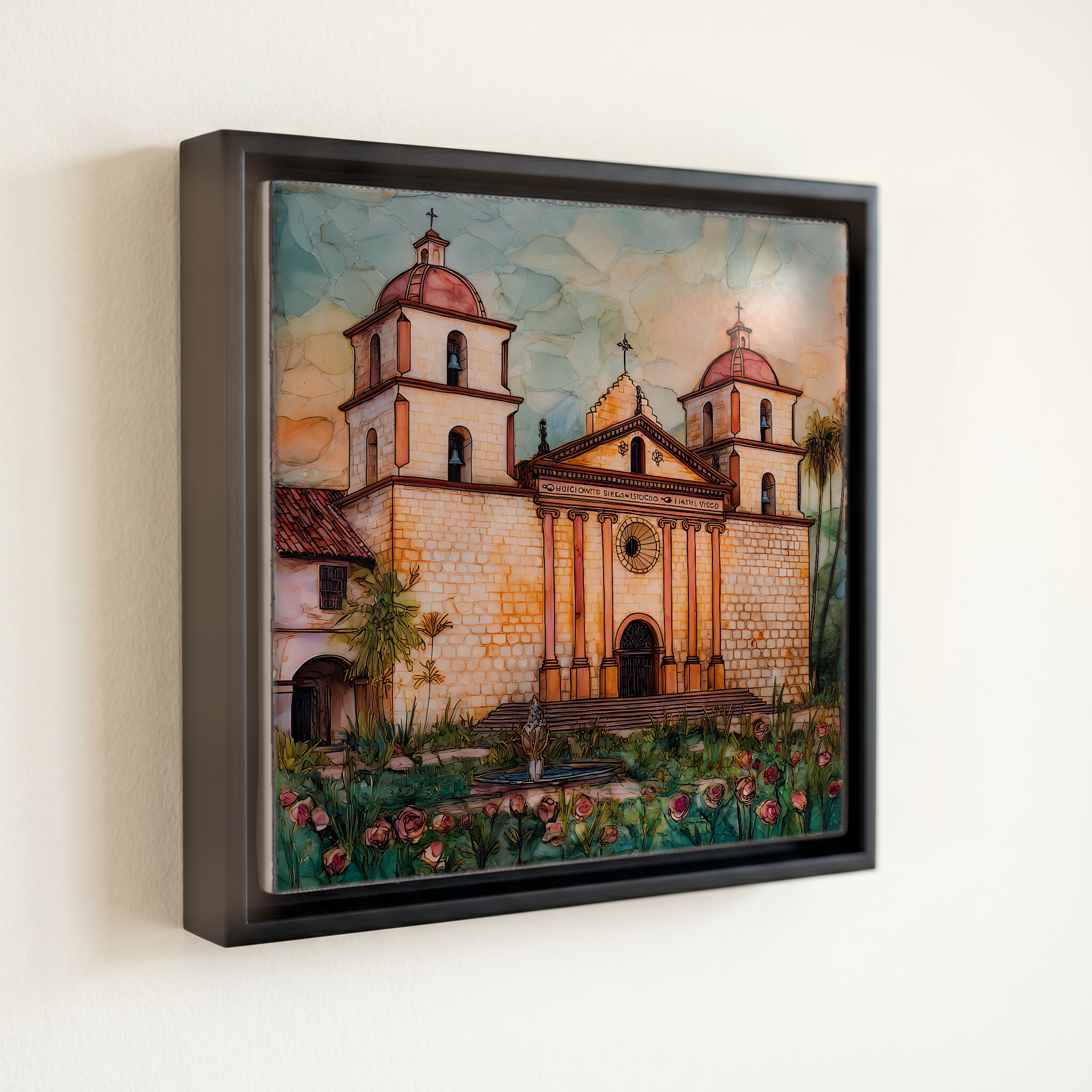 shown in a slim black floating frame · 6 × 6 in