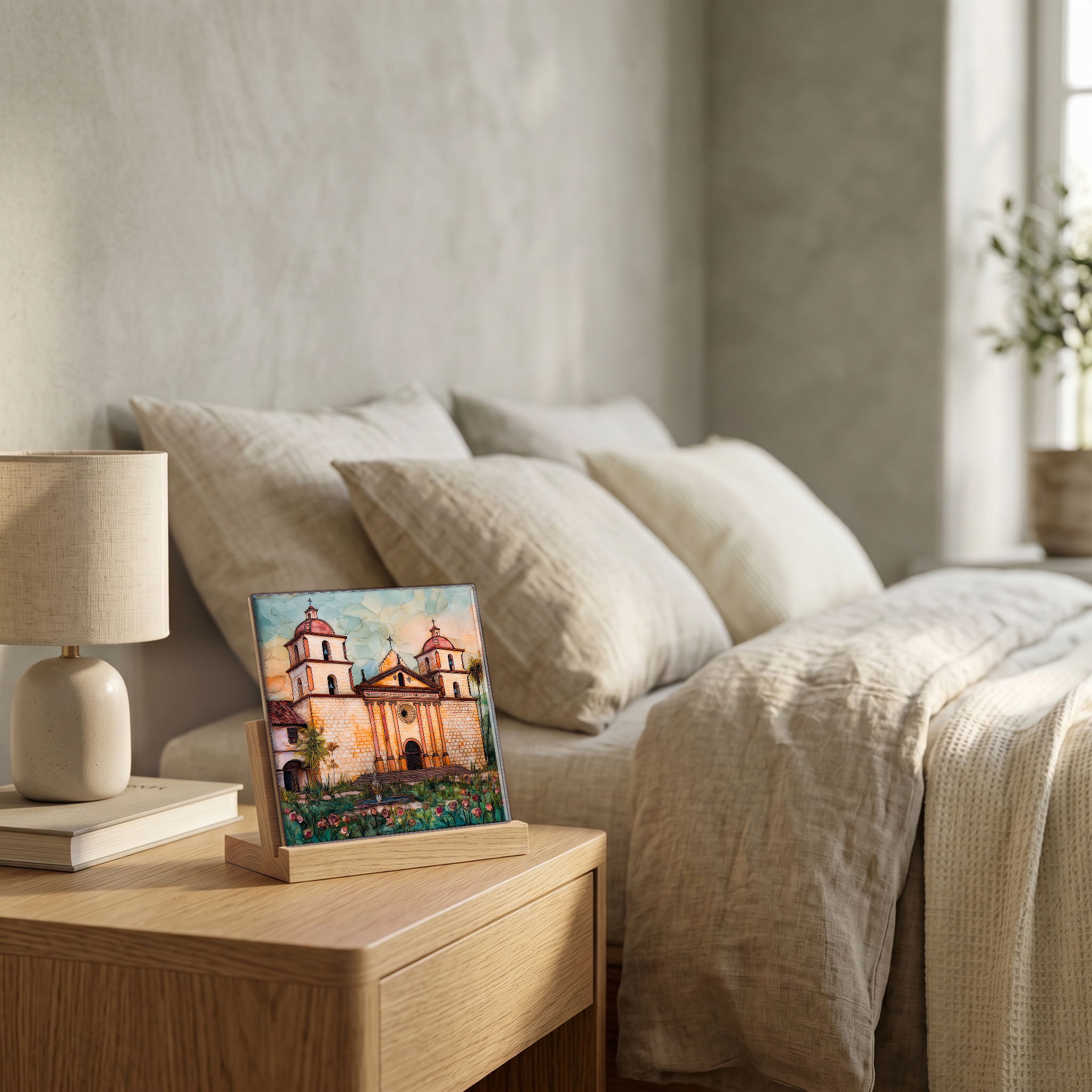 On the nightstand, on a light oak stand.
