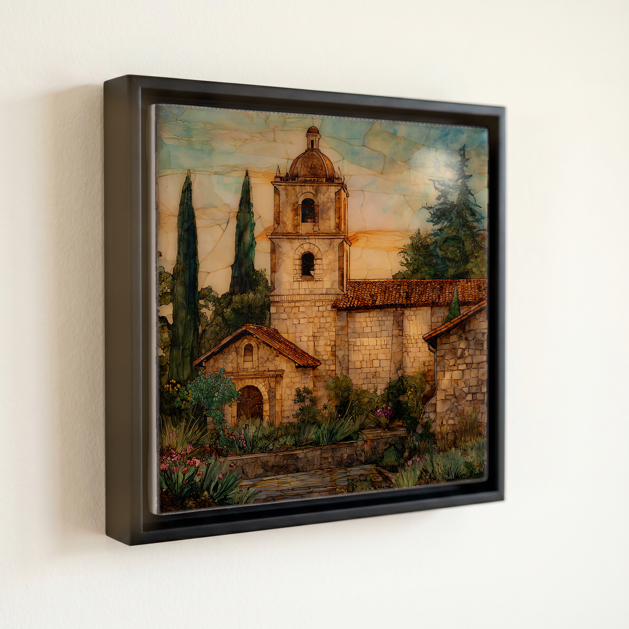 shown in a slim black floating frame · 6 × 6 in