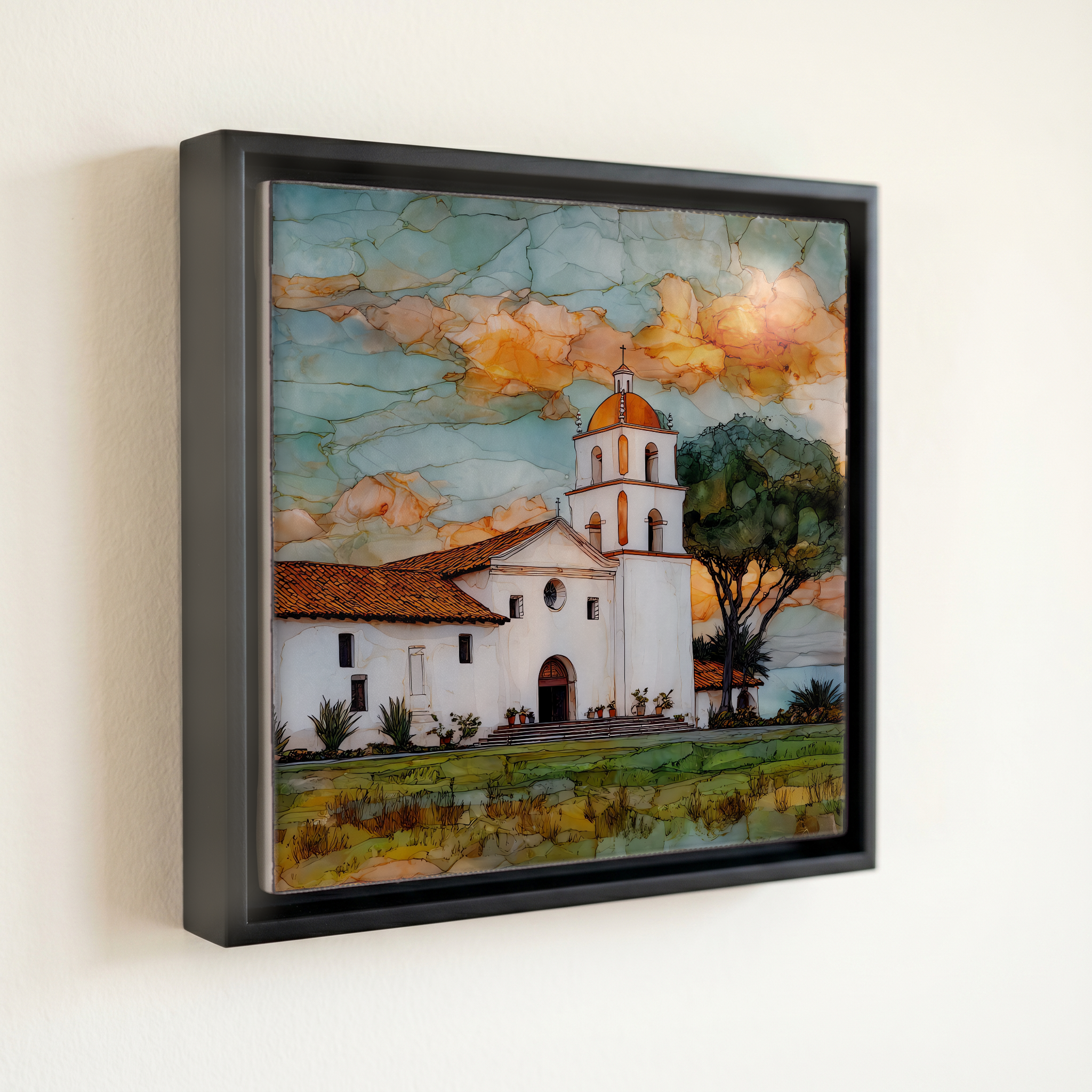 shown in a slim black floating frame · 6 × 6 in