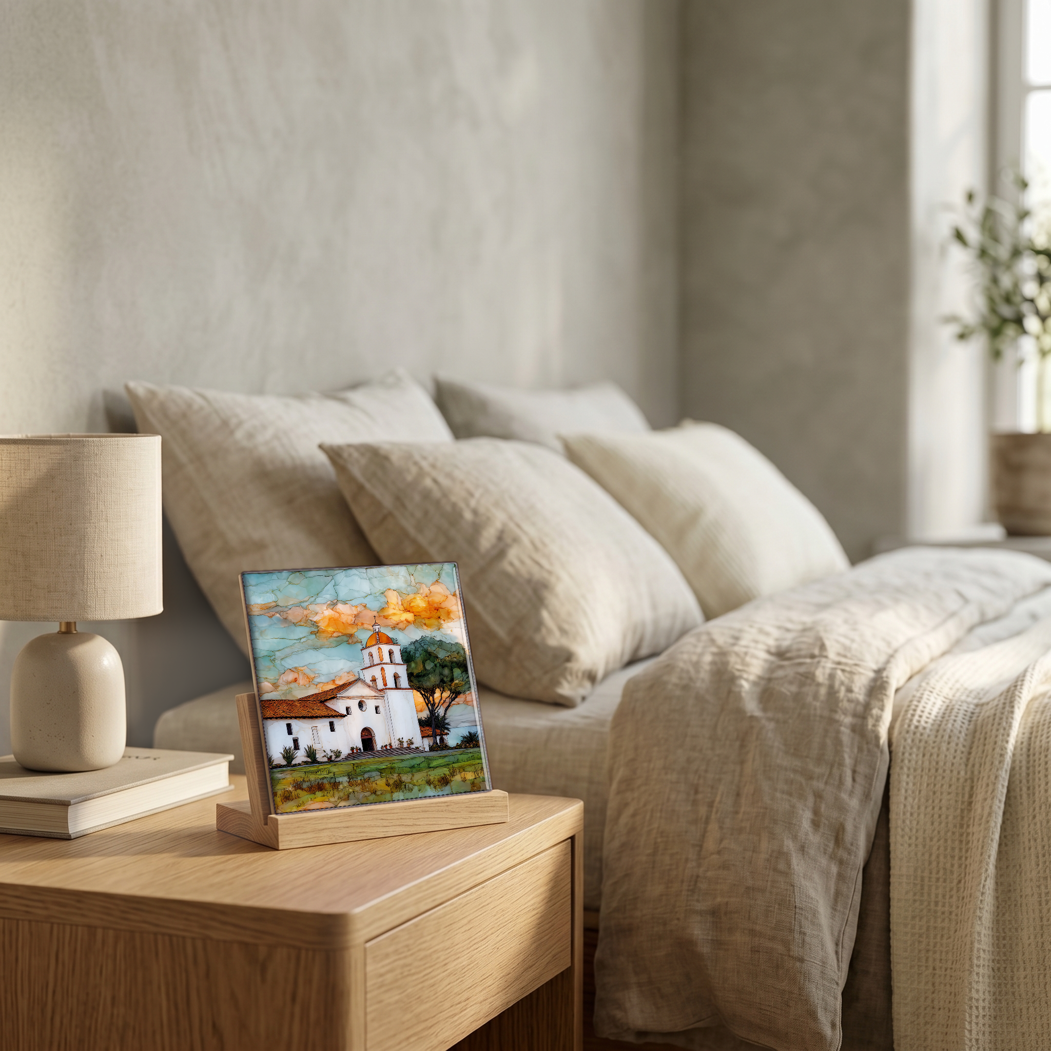 On the nightstand, on a light oak stand.