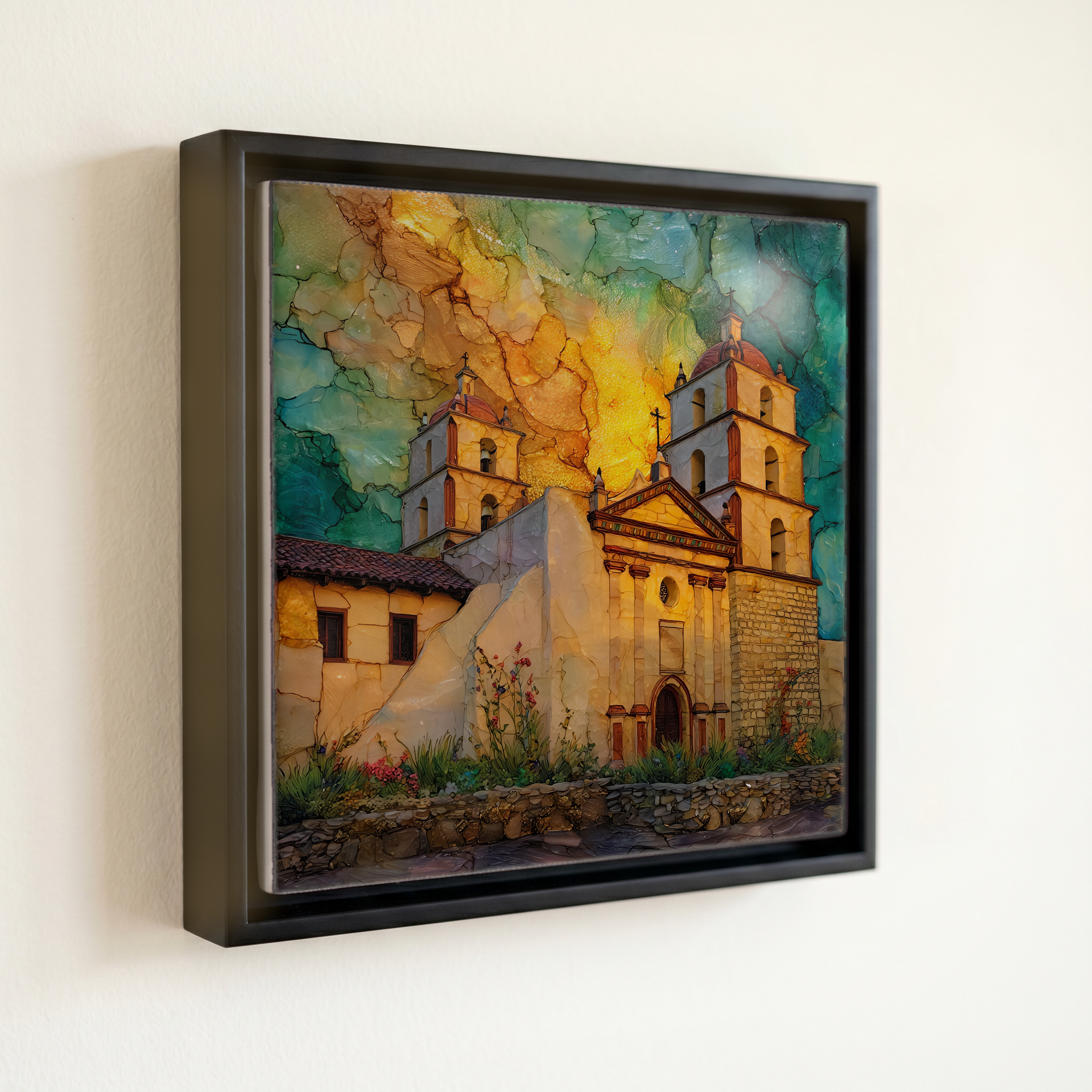 shown in a slim black floating frame · 6 × 6 in