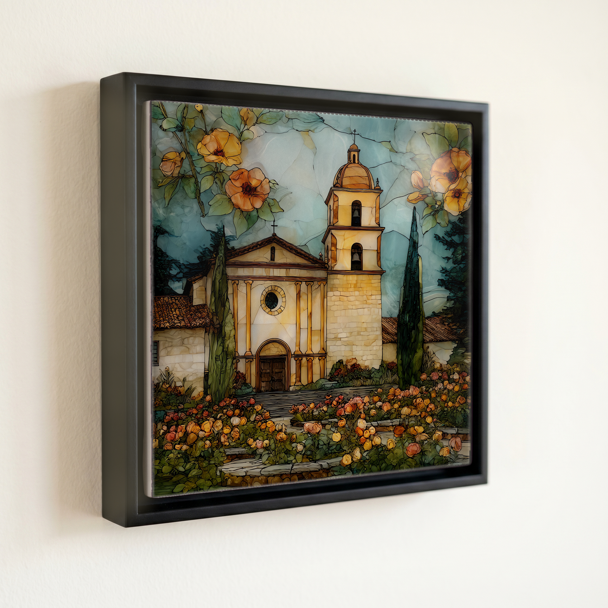 shown in a slim black floating frame · 6 × 6 in