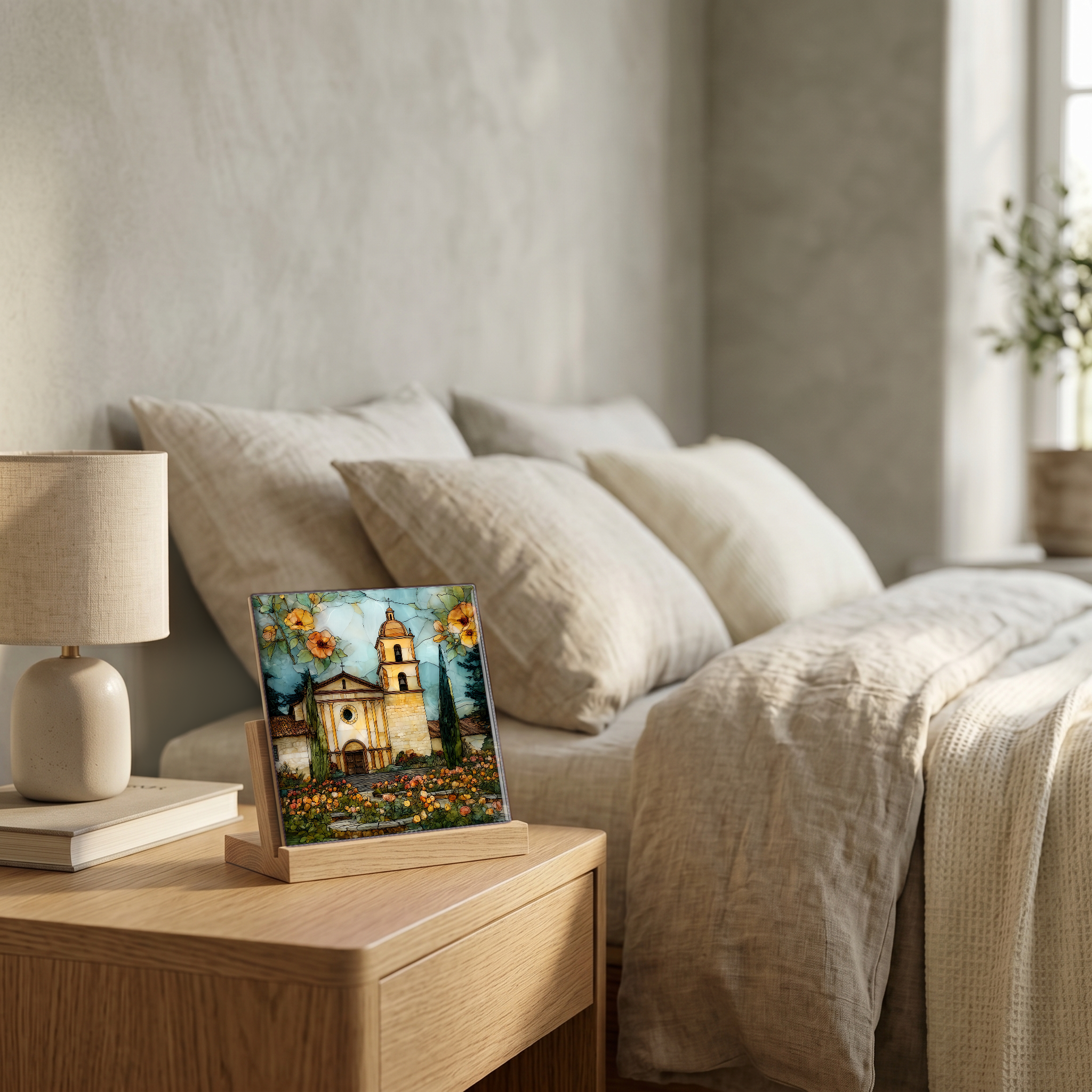 On the nightstand, on a light oak stand.